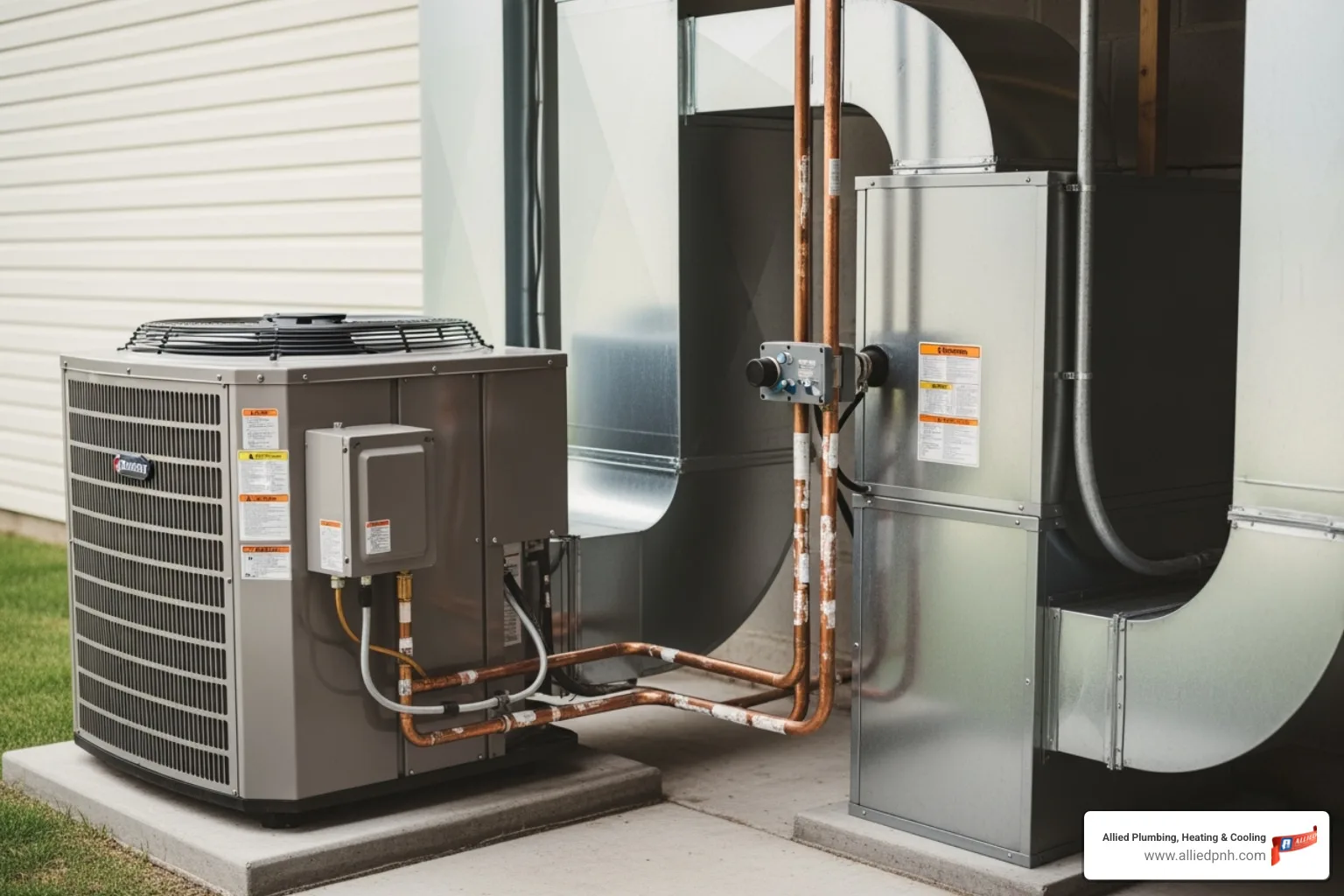 main components of a split central AC system (indoor and outdoor units) - Central air installation