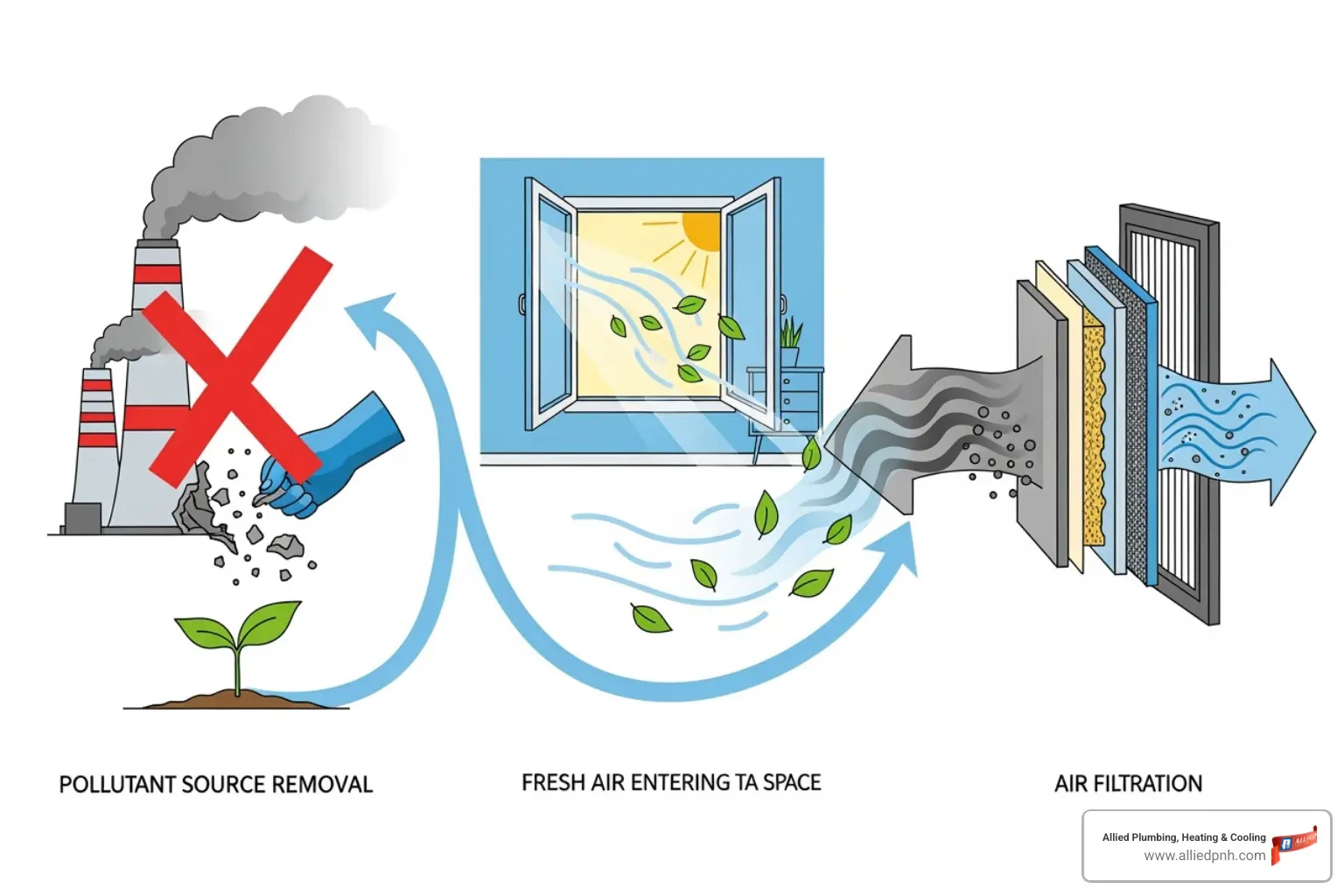 diagram showing the three strategies: Source Control, Ventilation, and Air Cleaning - Indoor air quality solutions