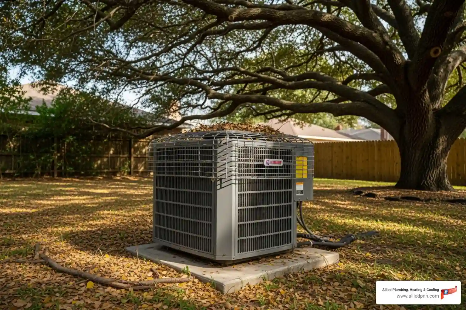 An outdoor AC unit shaded by a large tree, highlighting the potential for debris accumulation - ac repair springfield