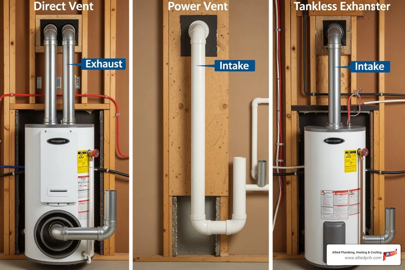 different venting systems for direct vent, power vent, and tankless heaters - best tankless water heater