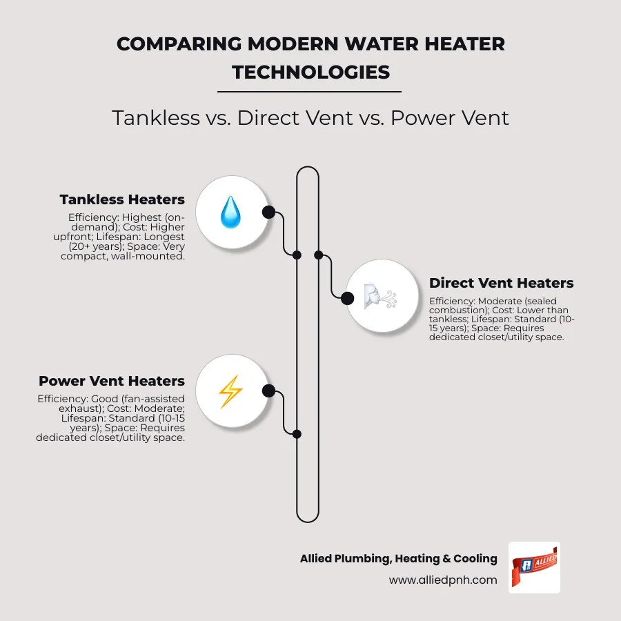 TABLE comparing Tankless vs. Direct Vent vs. Power Vent on efficiency, cost, lifespan, and space - best tankless water heater infographic infographic-line-3-steps-neat_beige