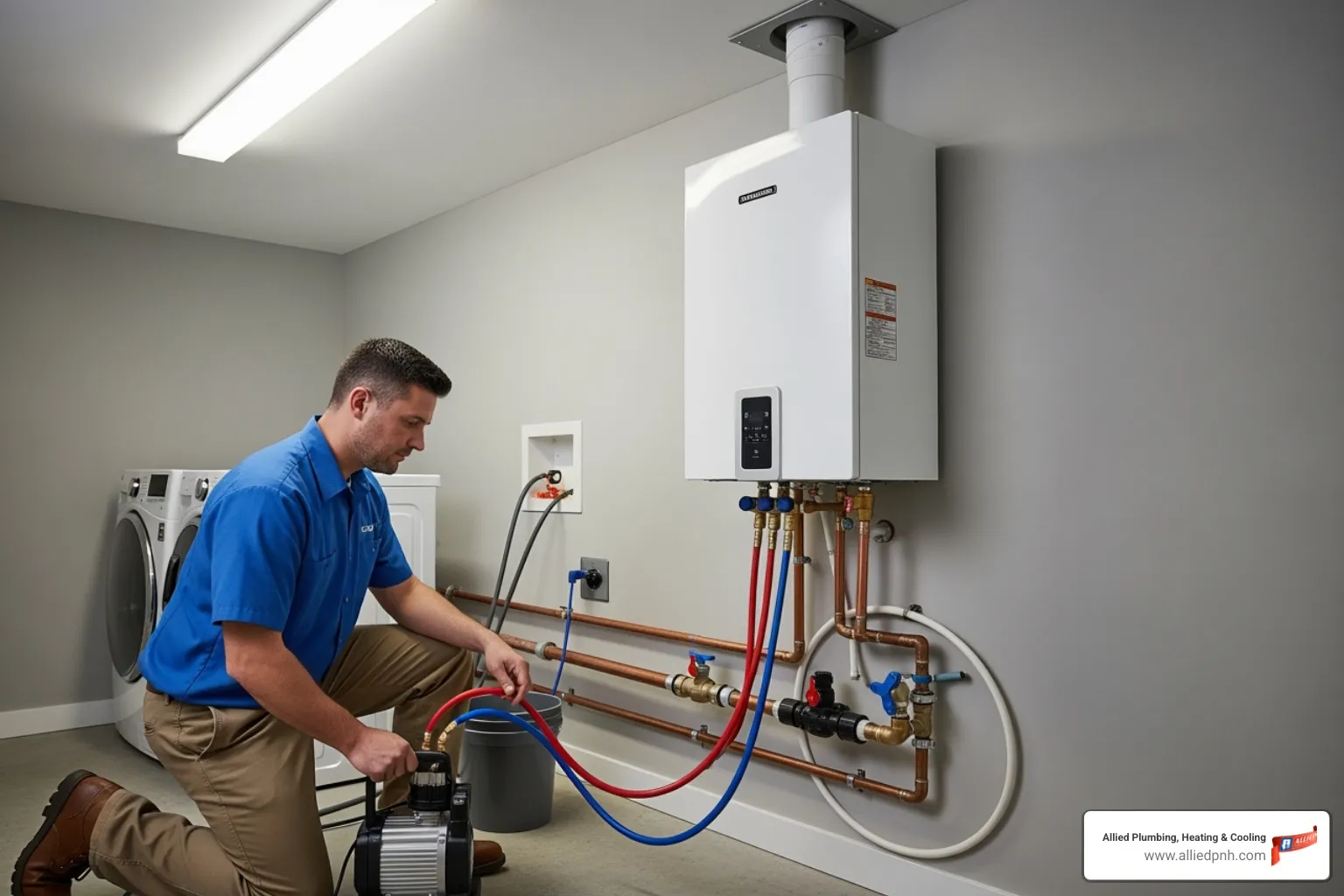 technician flushing a tankless water heater - best tankless water heater