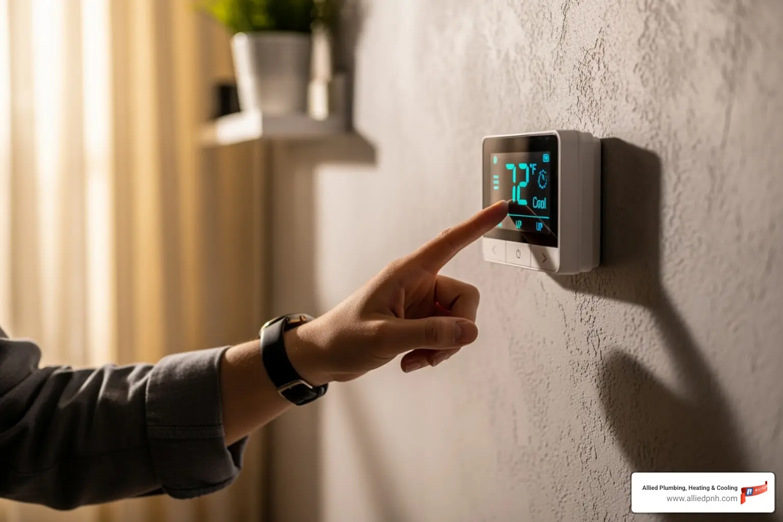 Homeowner checking their thermostat - AC blowing hot air