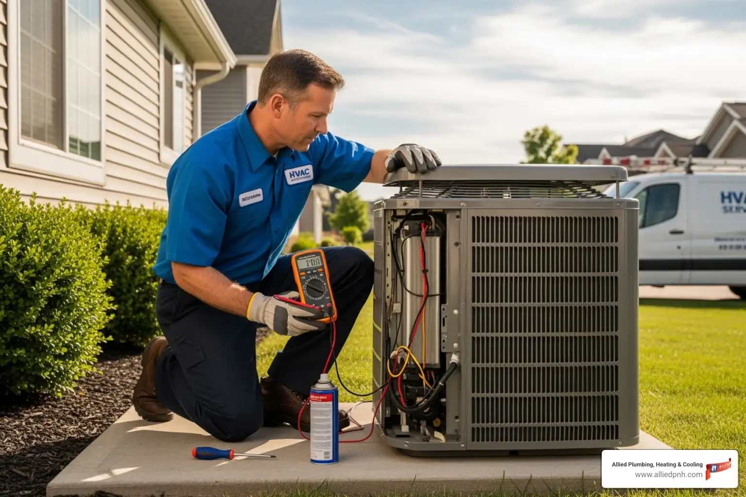 HVAC technician inspecting an outdoor AC unit - AC blowing hot air