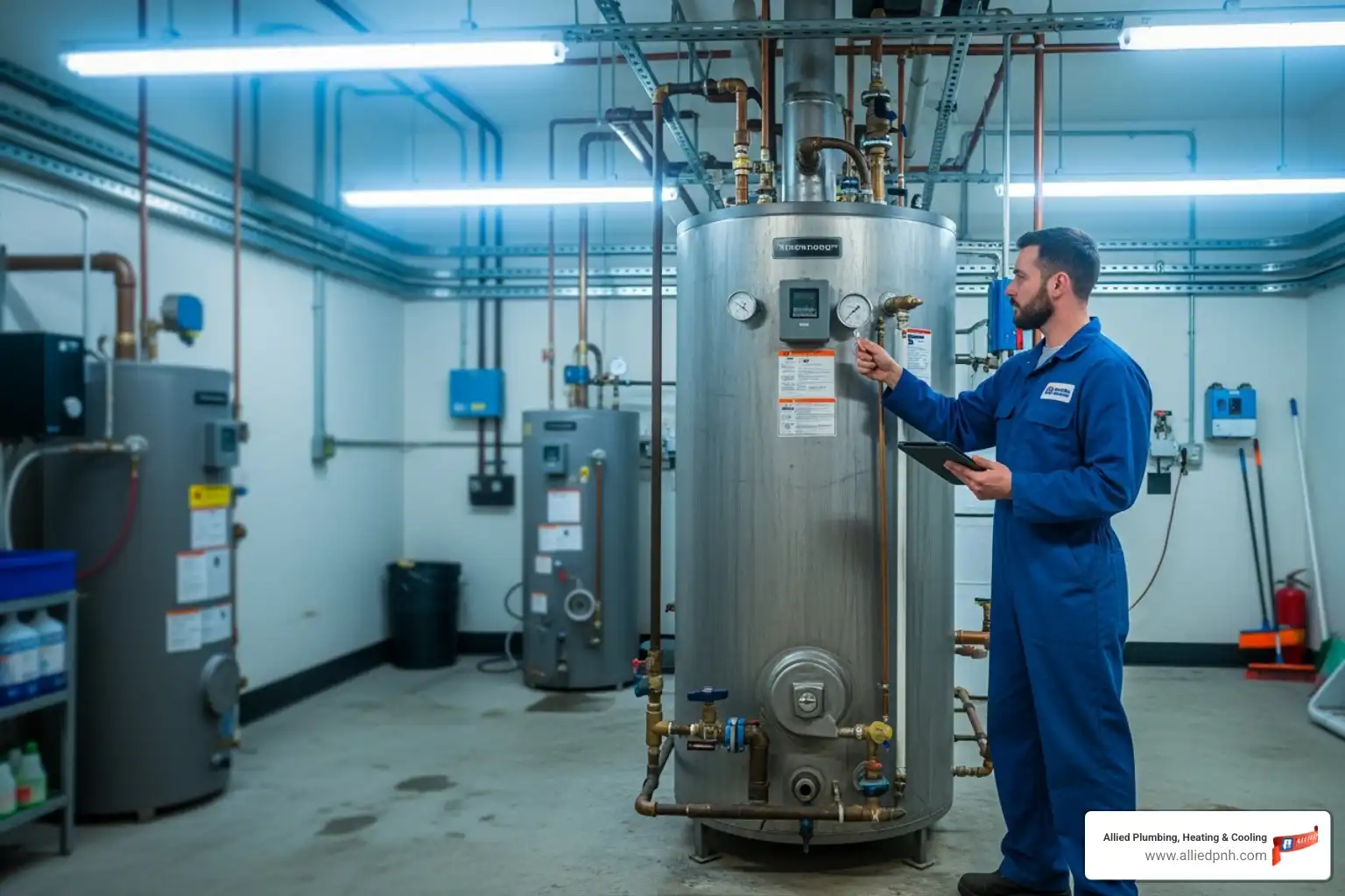 Technician inspecting a commercial water heater - Commercial plumbing maintenance plans