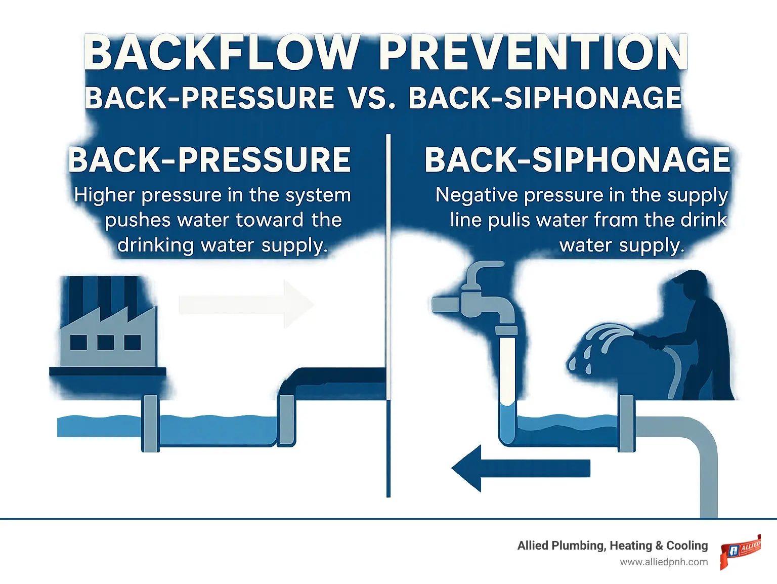Infographic explaining the difference between back-pressure and back-siphonage in backflow prevention. - backflow prevention device infographic