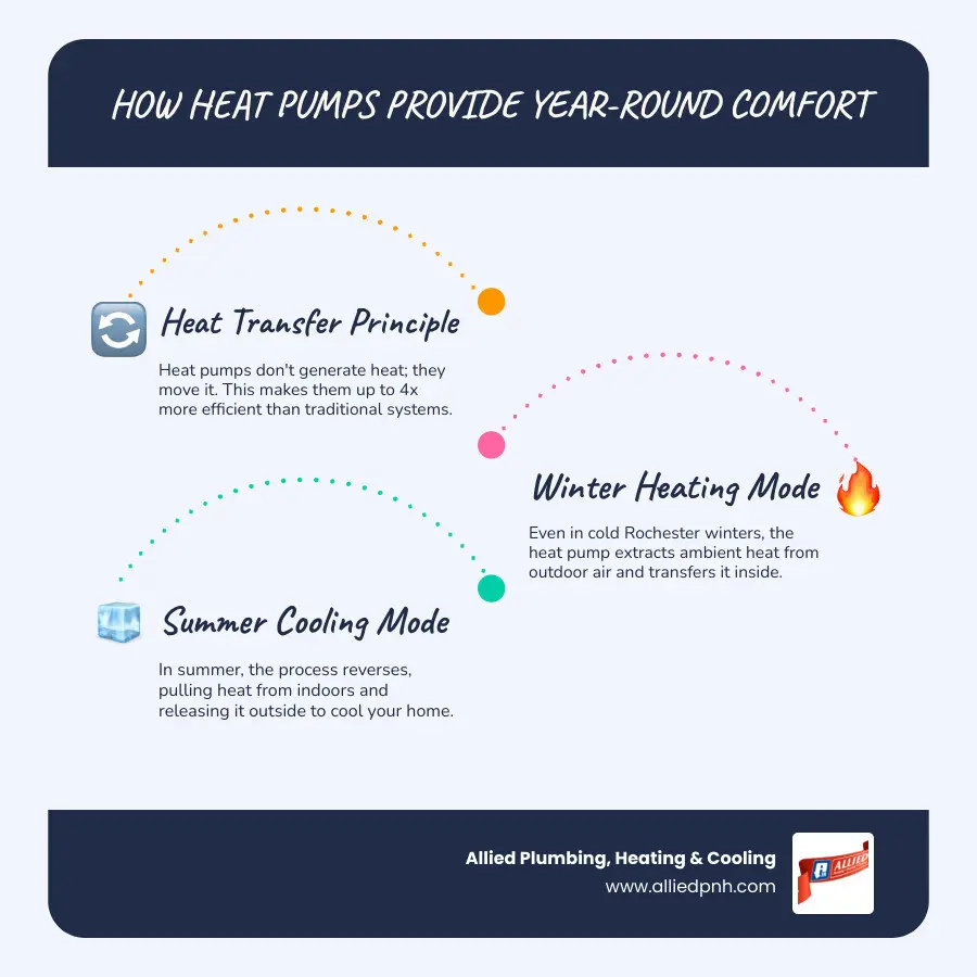 Infographic showing how heat pumps transfer heat from outdoor air in winter to warm your home, and reverse the process in summer to cool your home, with arrows indicating heat flow direction and seasonal operation modes - heat pump installation Rochester infographic infographic-line-3-steps-blues-accent_colors