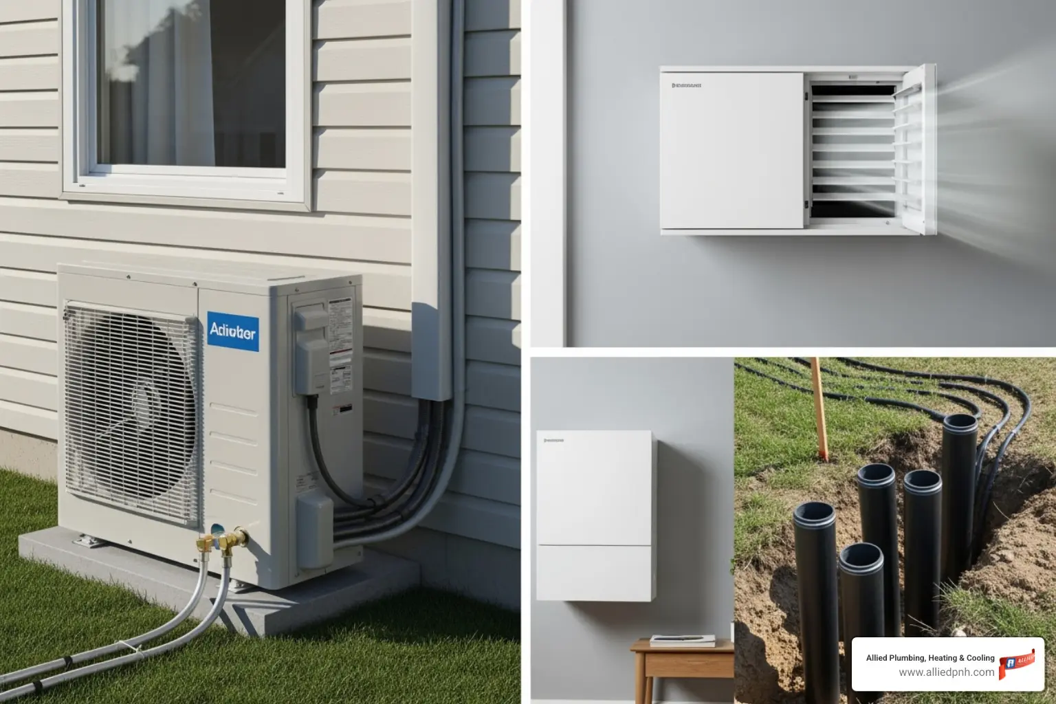 Image showing a comparison of a ducted air-source heat pump, a ductless mini-split, and a geothermal loop field - heat pump installation Rochester