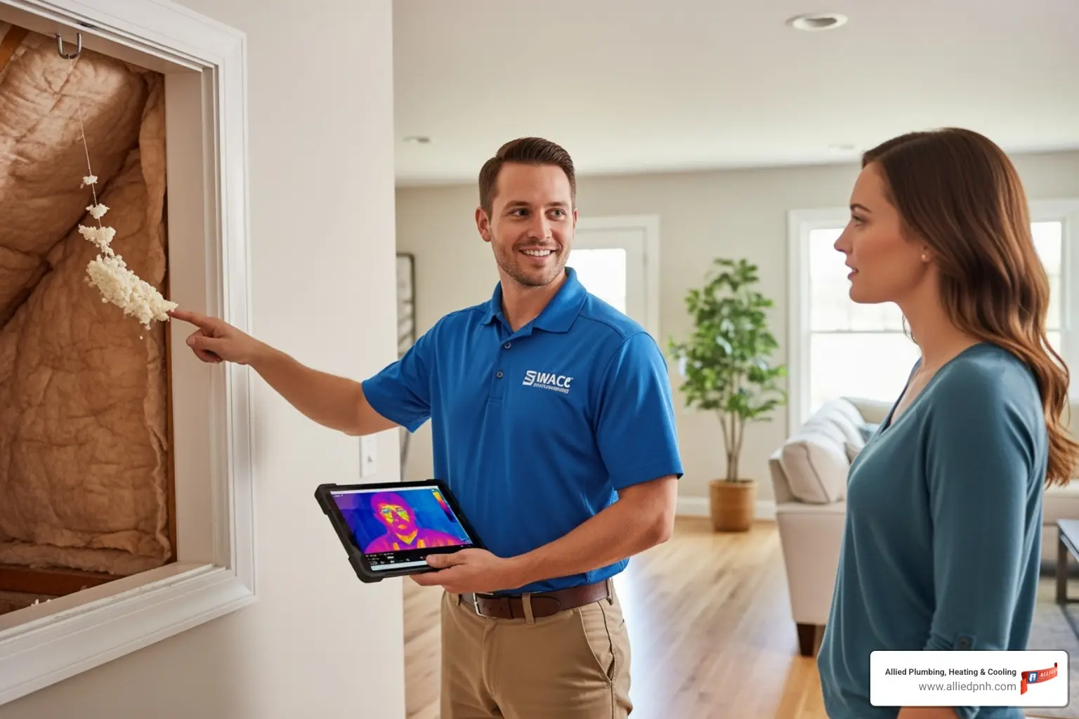 Image of a friendly technician performing a home energy assessment - heat pump installation Rochester