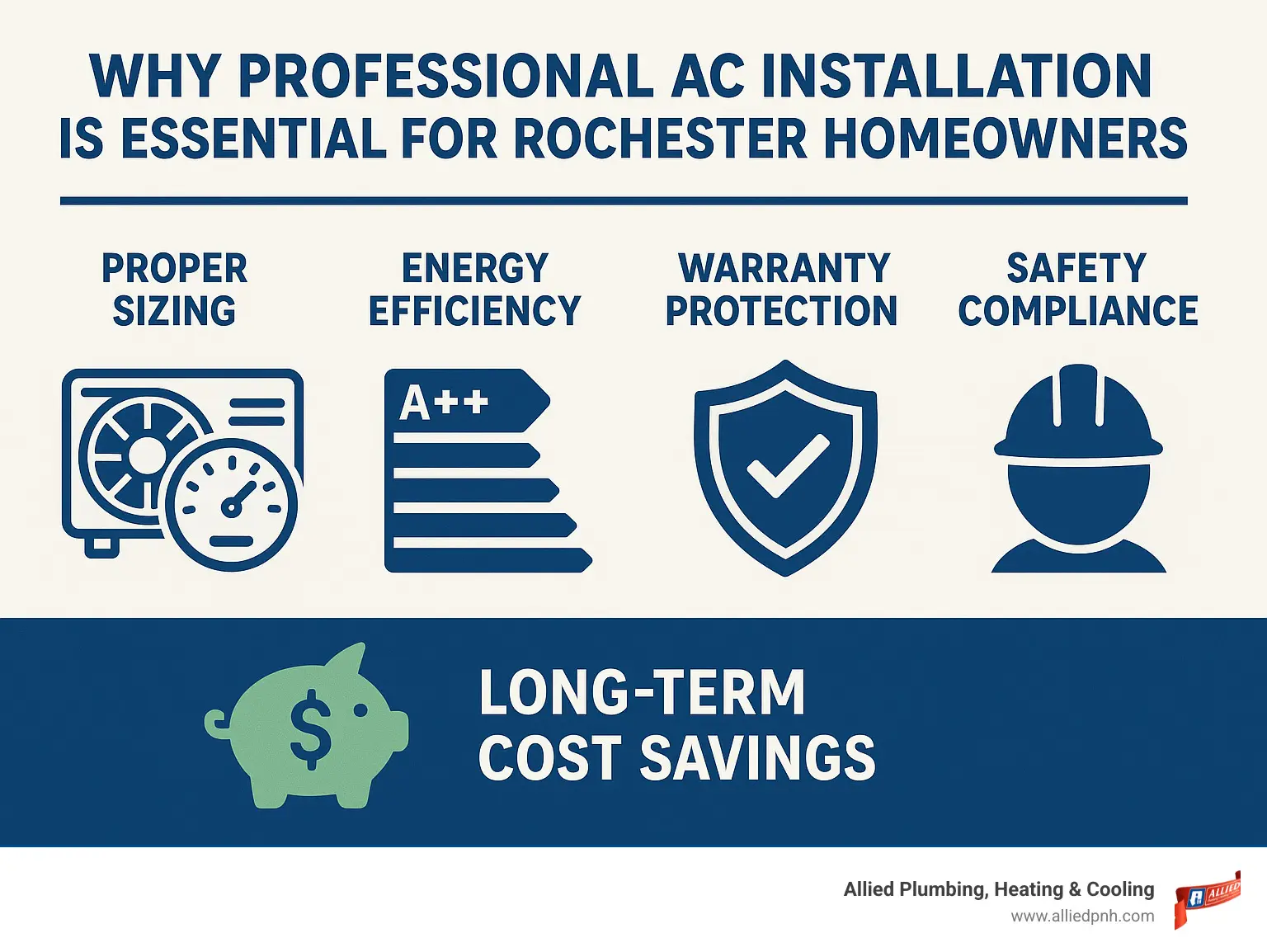 Comprehensive guide showing the benefits of professional AC installation including proper sizing, energy efficiency ratings, warranty protection, safety compliance, and long-term cost savings for Rochester homeowners - air conditioning installers rochester infographic