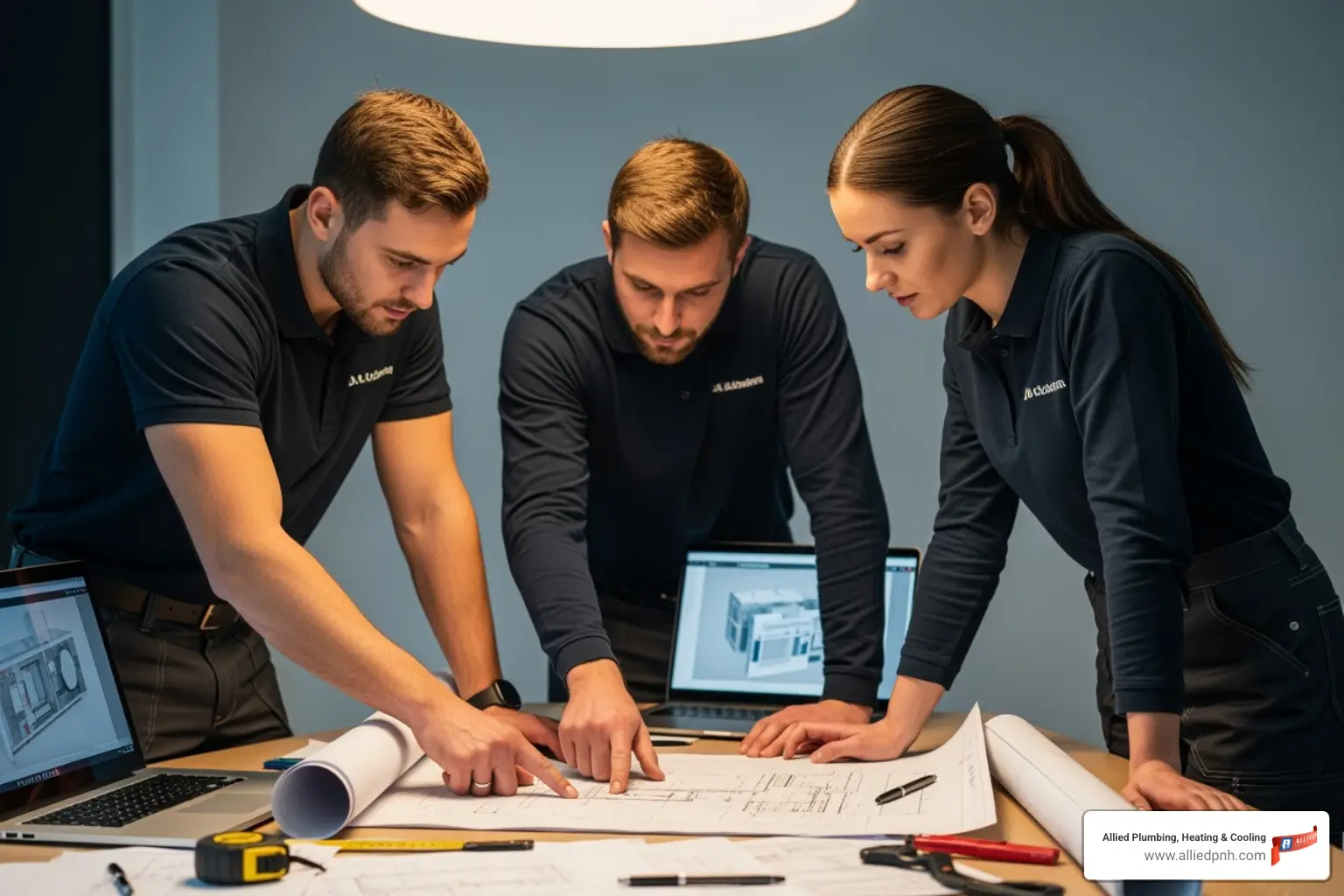 An HVAC team reviewing blueprints and planning an air conditioning installation project - air conditioning installers rochester