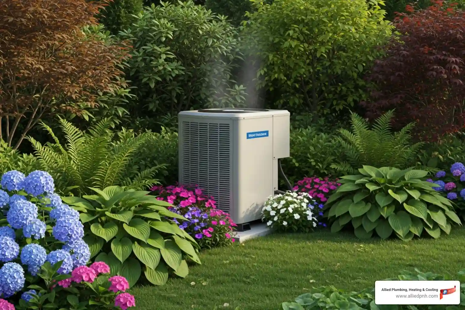 A modern, quiet outdoor AC unit nestled in a green garden, illustrating efficient and discreet home cooling - air conditioning installers rochester