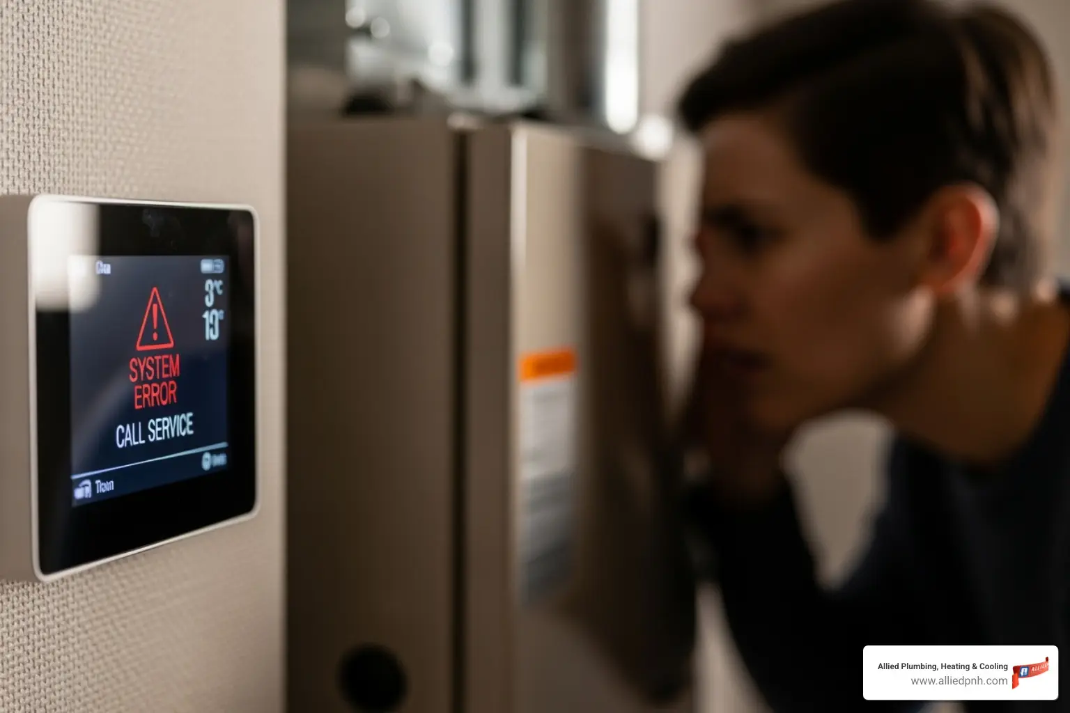 A thermostat displaying an error message next to a person listening intently to a noisy furnace - furnace repair sherman