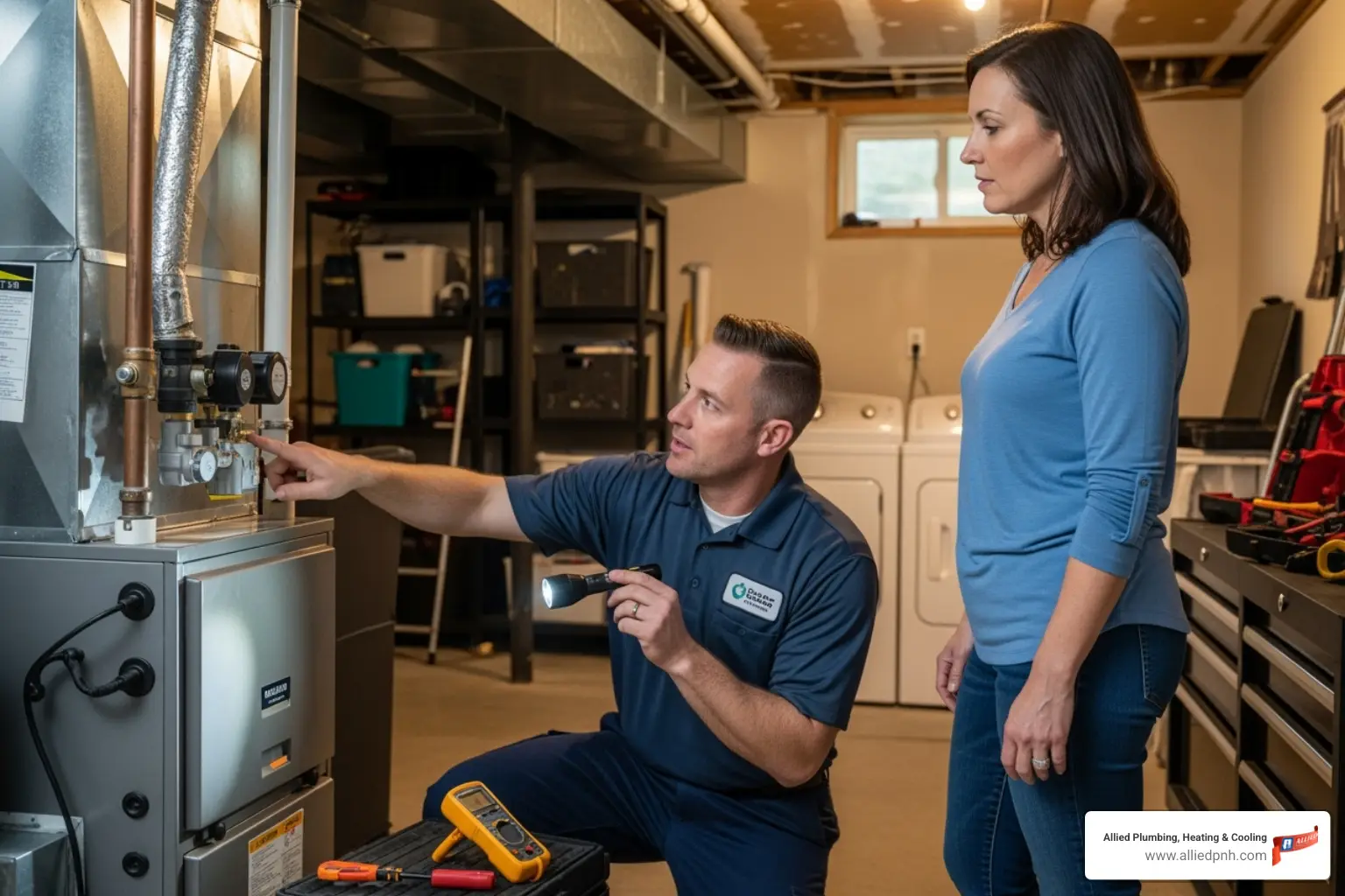 A technician in uniform explaining a furnace part to a homeowner in their basement - furnace repair sherman