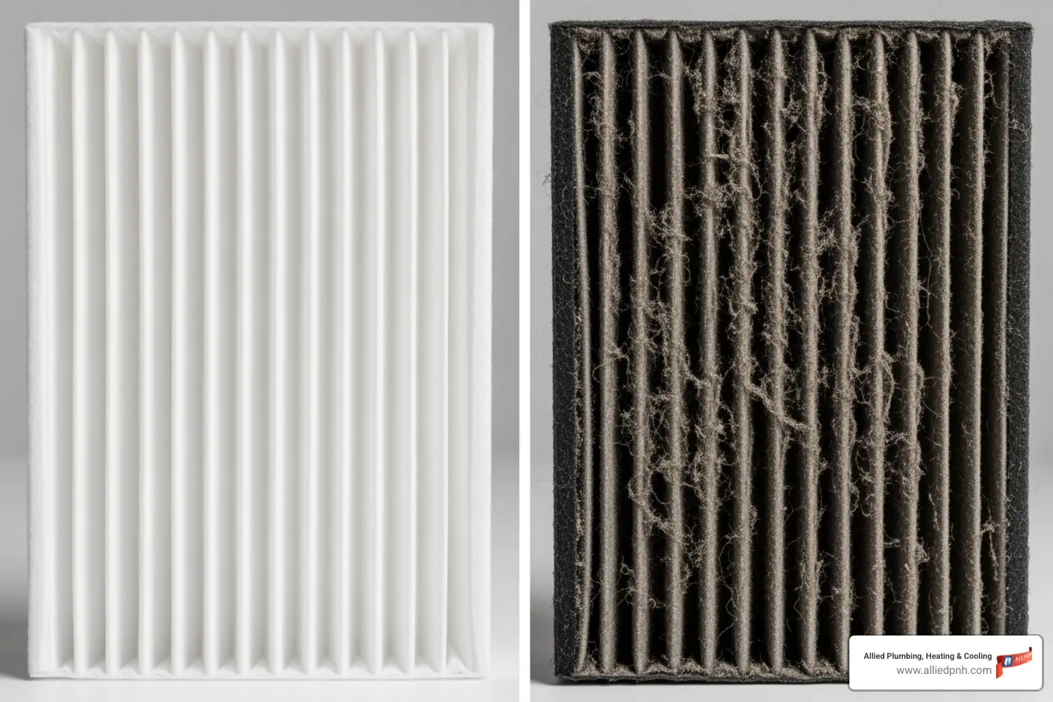 A clean furnace filter is displayed next to a very dirty, clogged furnace filter, illustrating the difference - furnace repair sherman