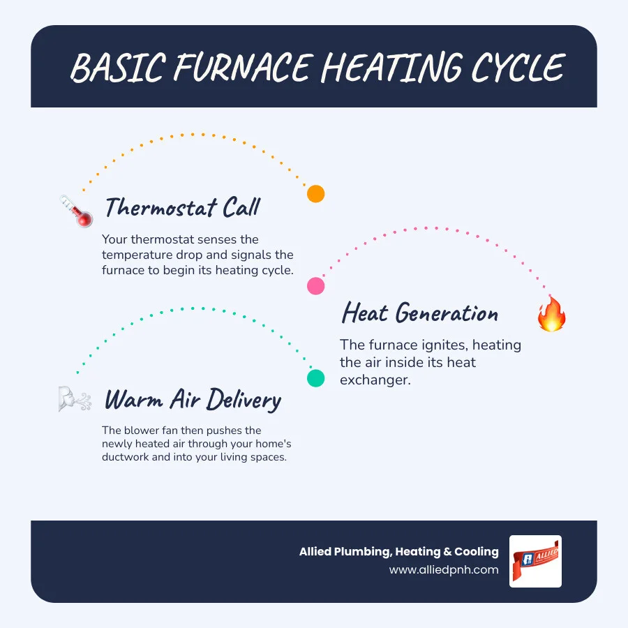 Infographic explaining basic furnace heating cycle from thermostat call to warm air delivery - Furnace blowing cold air infographic infographic-line-3-steps-blues-accent_colors