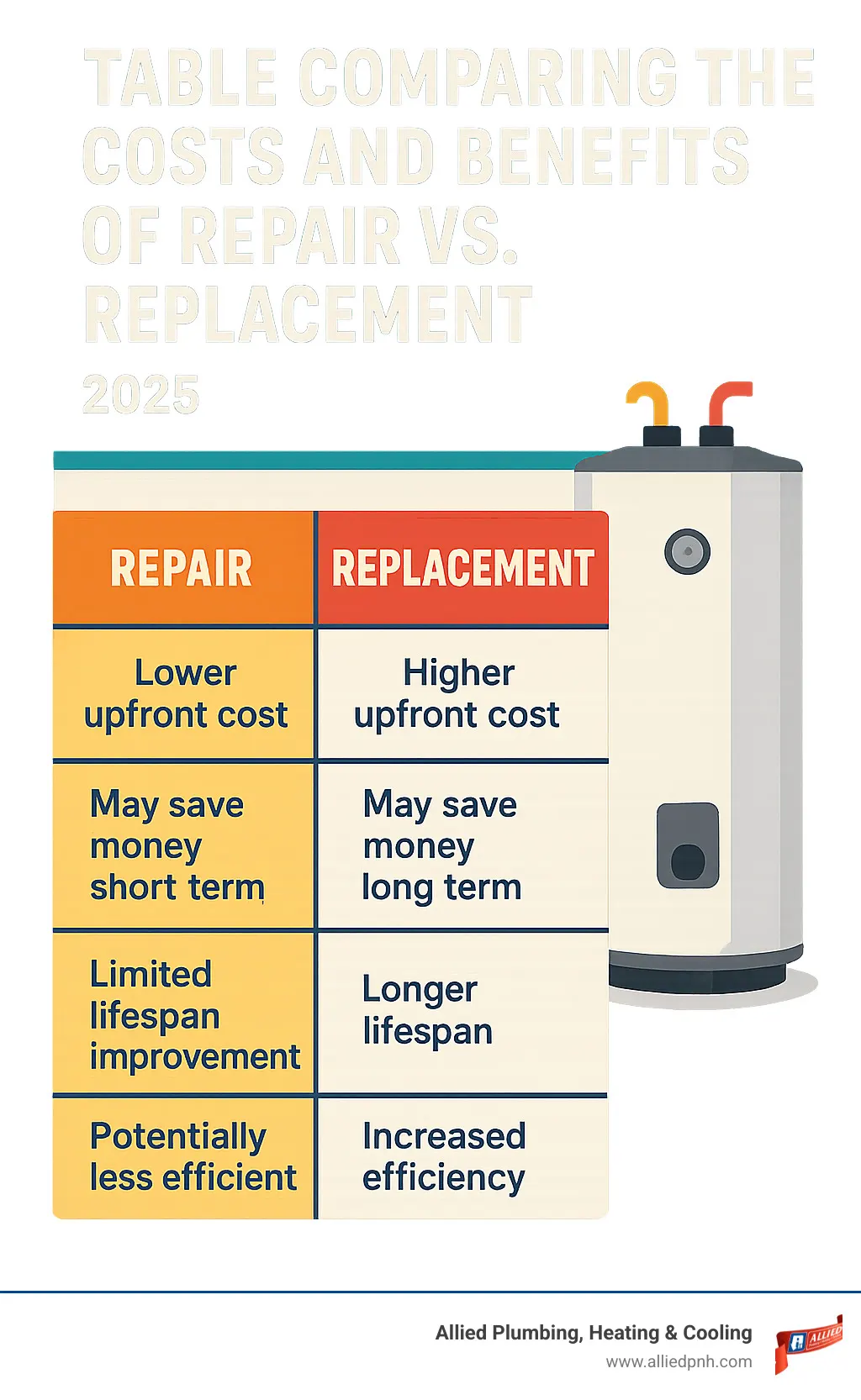 TABLE comparing the costs and benefits of repair vs. replacement - water heater repair rochester infographic