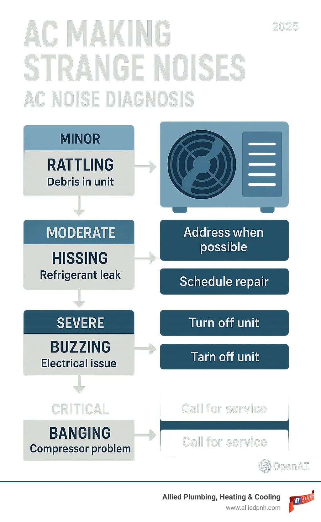 Infographic showing AC noise diagnosis flowchart with severity levels from minor debris rattling to critical electrical buzzing and compressor banging, including recommended actions for each noise type - AC making strange noises infographic 