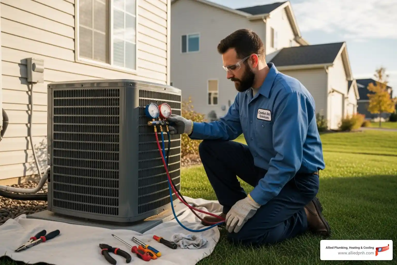 certified technician servicing an AC unit - rochester air conditioning