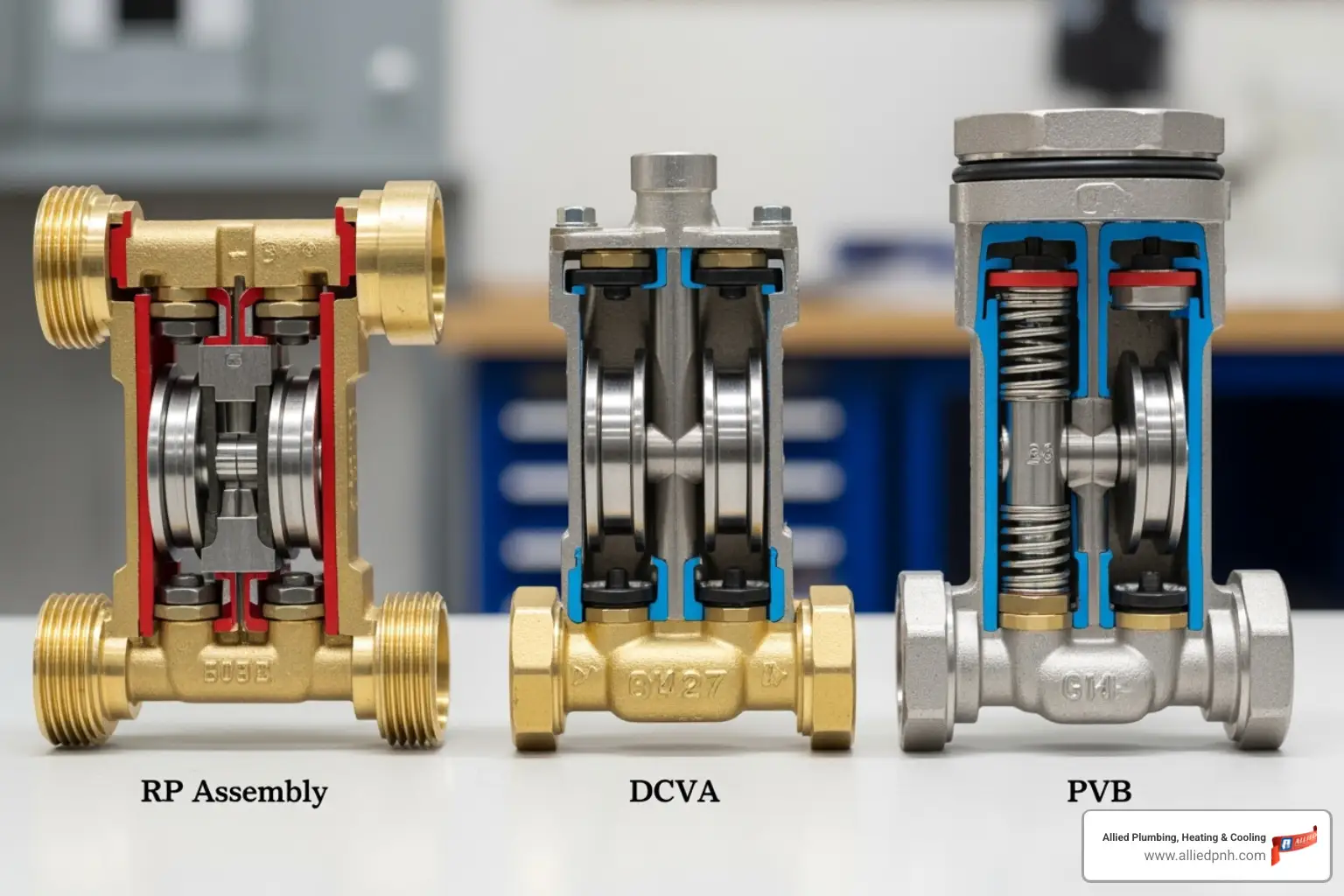 Comparison of different types of backflow preventers including RP, DCVA, and PVB, showing their internal components and typical applications - Backflow testing Chatham