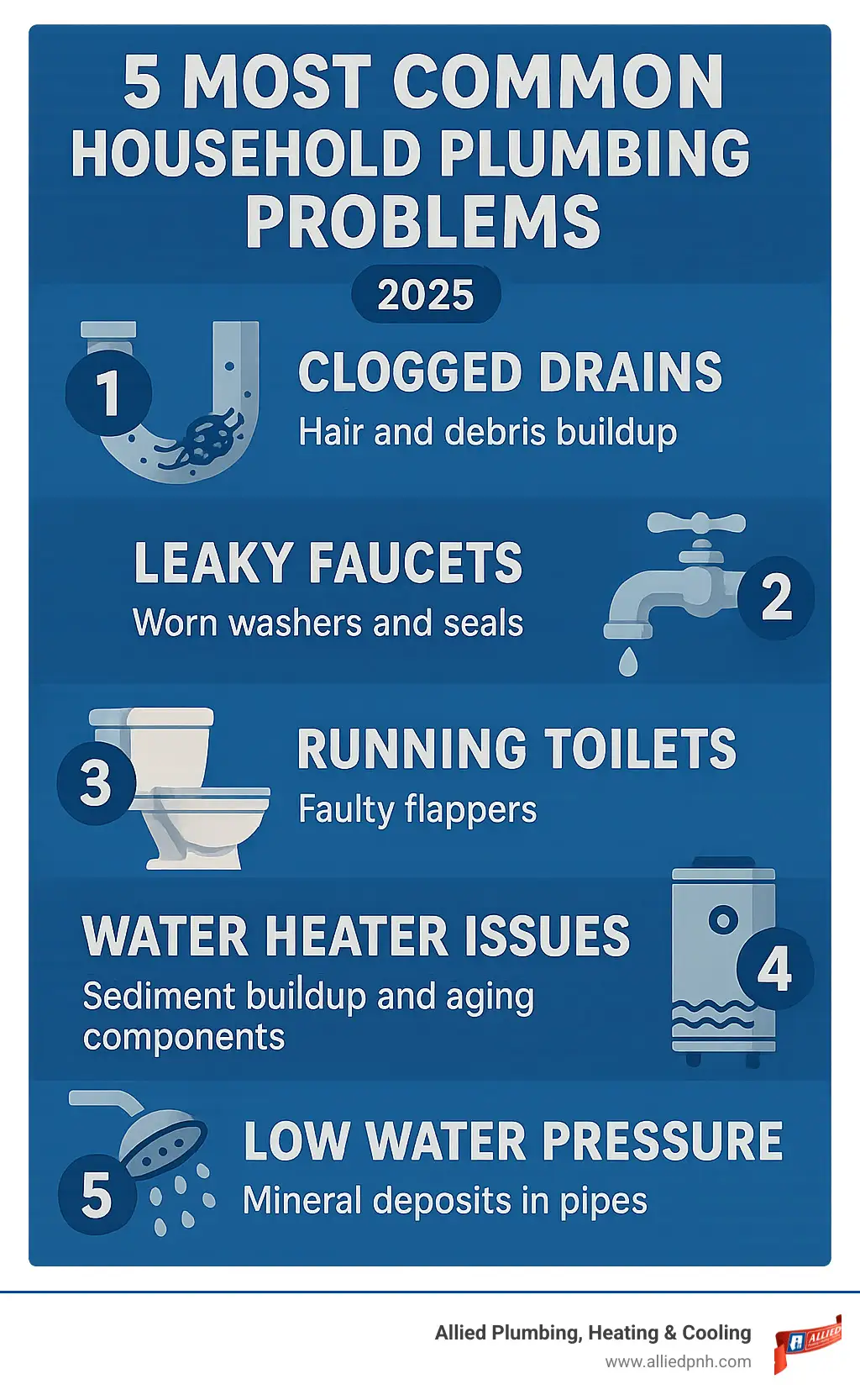 Infographic showing the top 5 most common household plumbing problems: clogged drains caused by hair and debris buildup, leaky faucets from worn washers and seals, running toilets due to faulty flappers, water heater issues from sediment buildup and aging components, and low water pressure from mineral deposits in pipes - plumbing sherman infographic