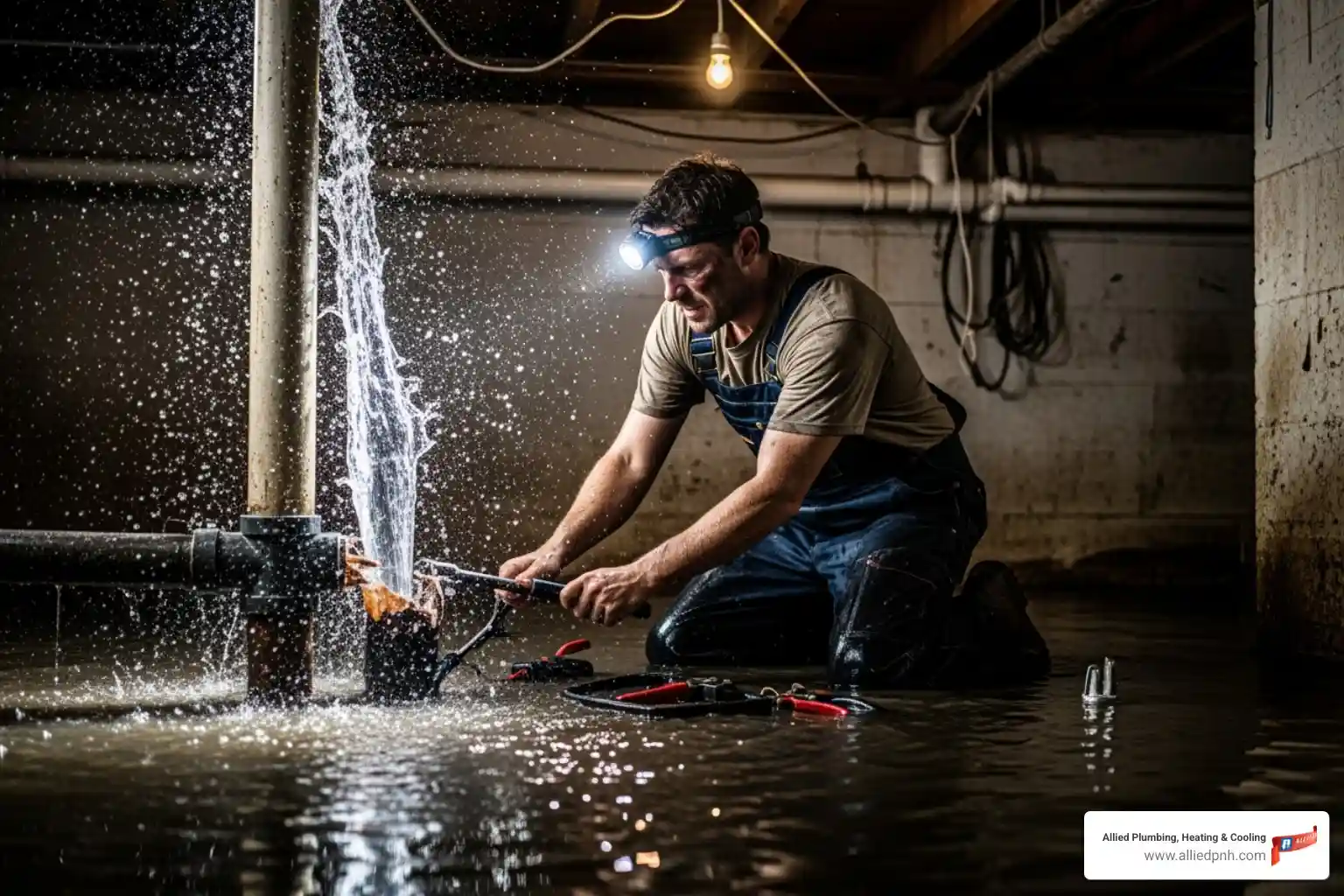 Plumber working at night to fix a burst pipe - plumbing sherman