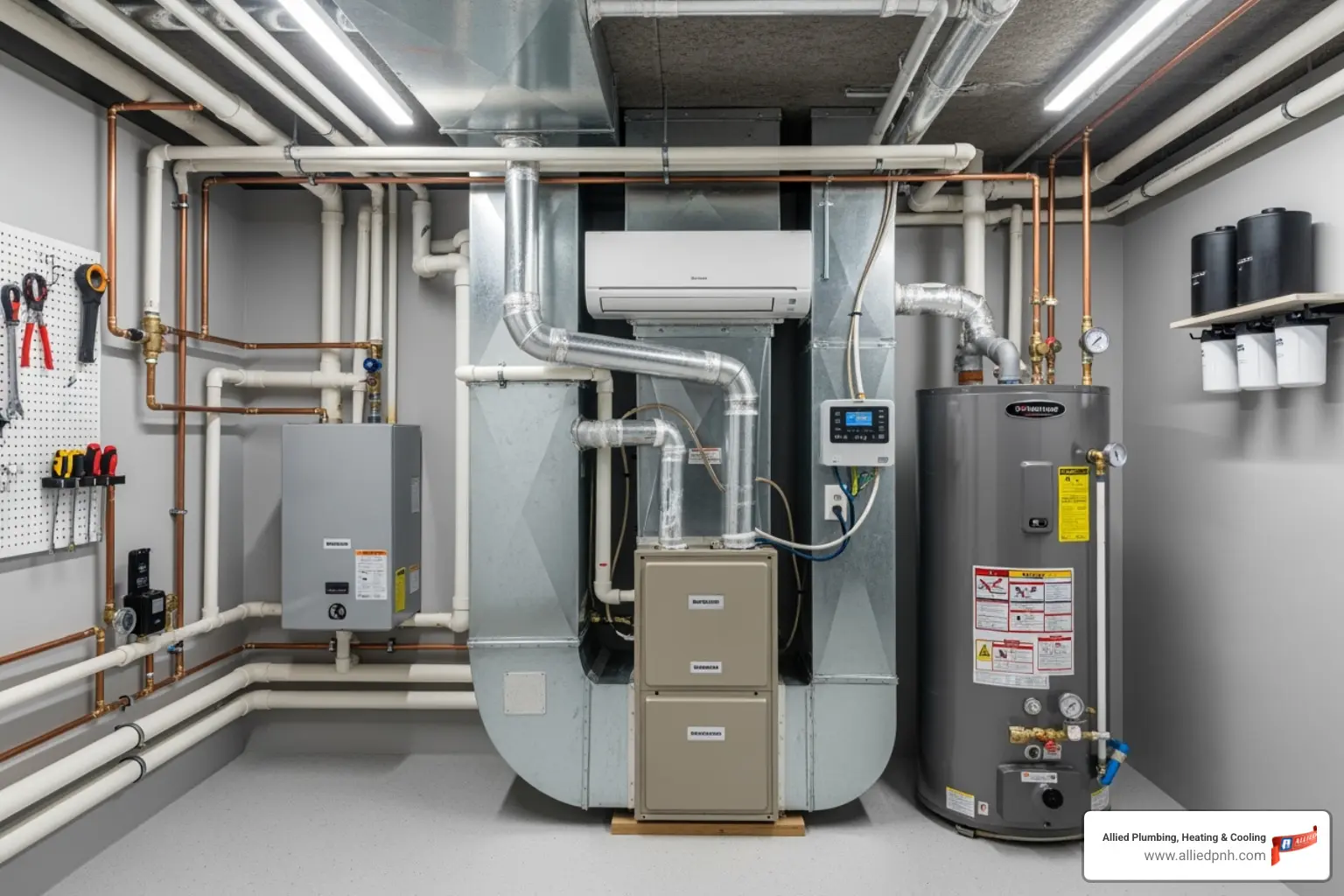 Integrated home system showing plumbing, heating, and cooling units - plumbing sherman