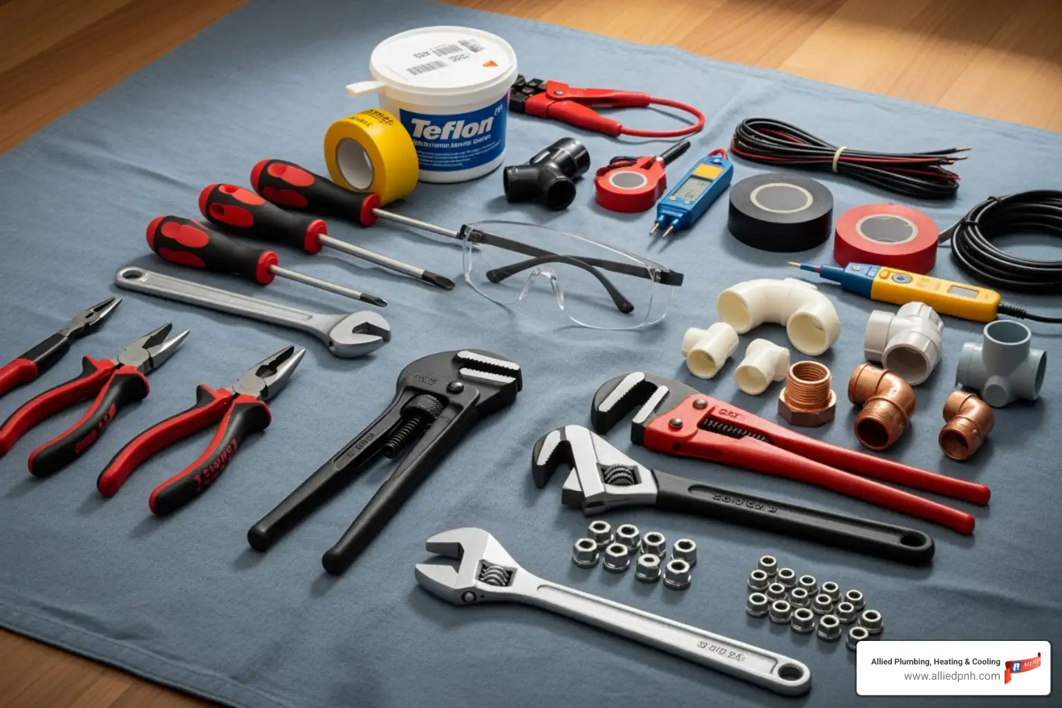 all necessary tools and materials laid out on a drop cloth - Garbage disposal installation