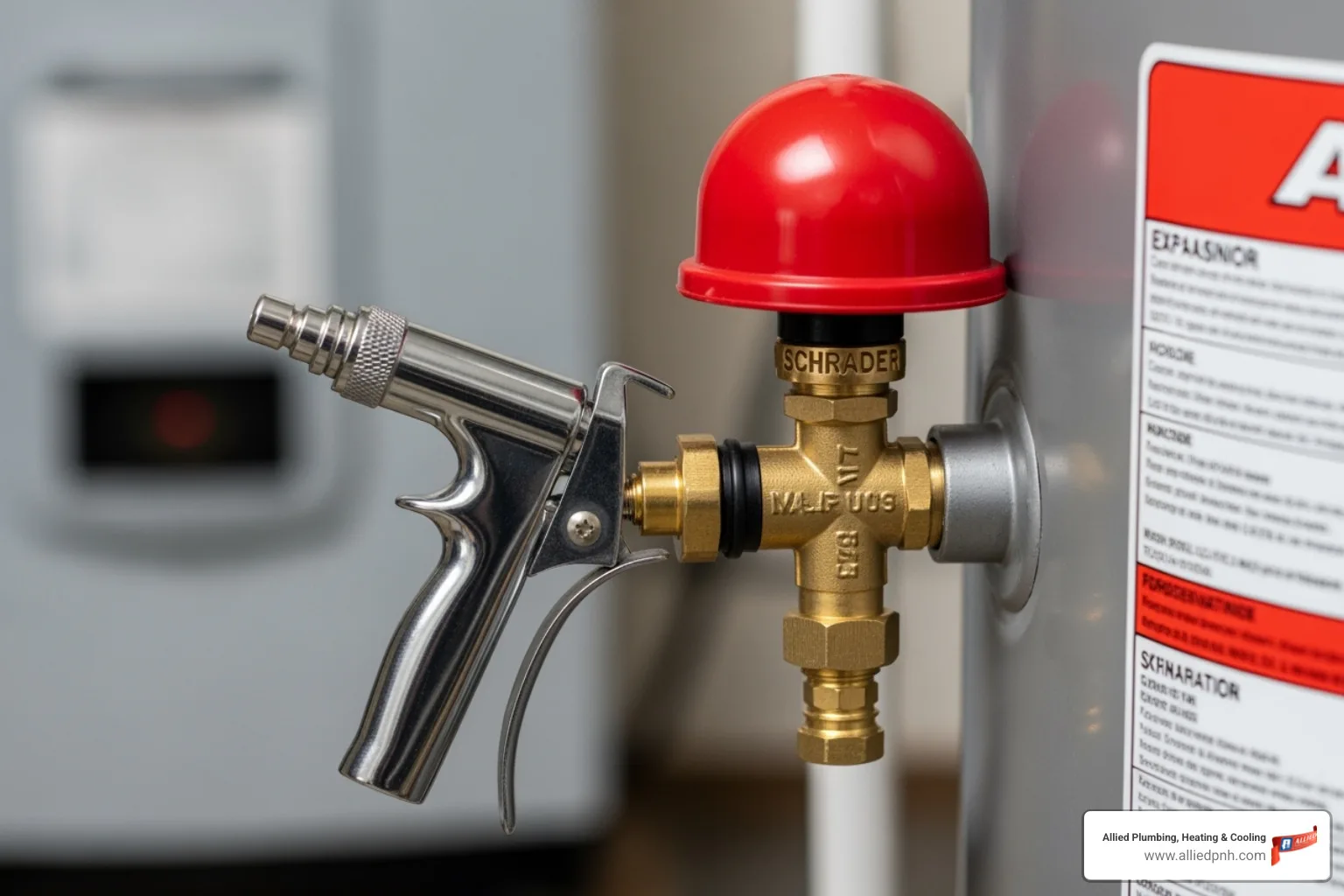 air compressor nozzle on the tank's air valve - expansion tank installation