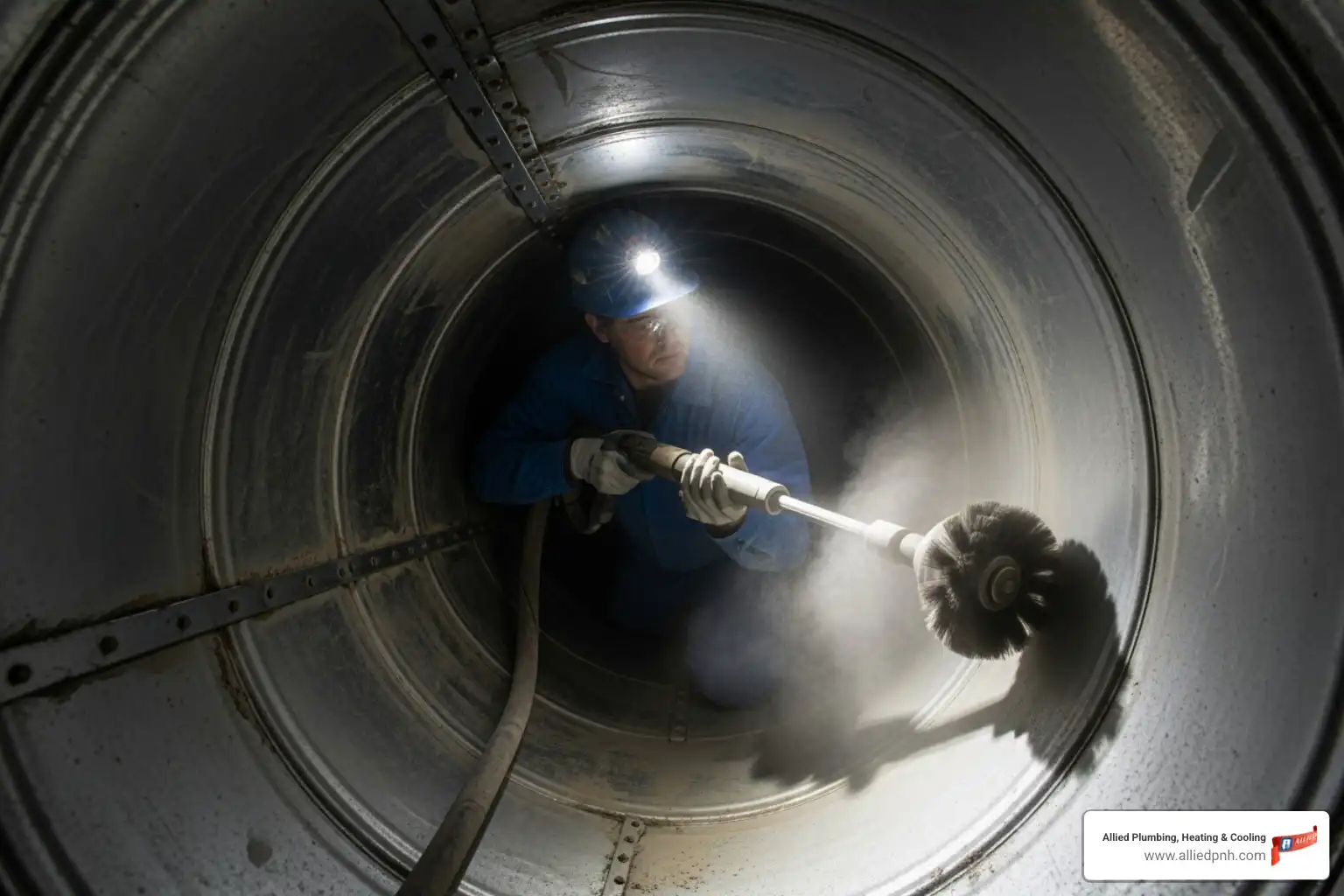 technician using a rotary brush inside a duct - air duct cleaning