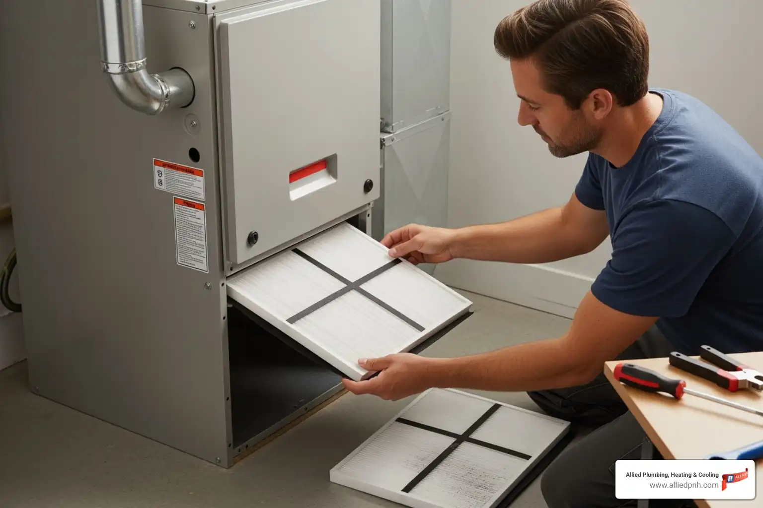 homeowner replacing a clean HVAC filter - air duct cleaning