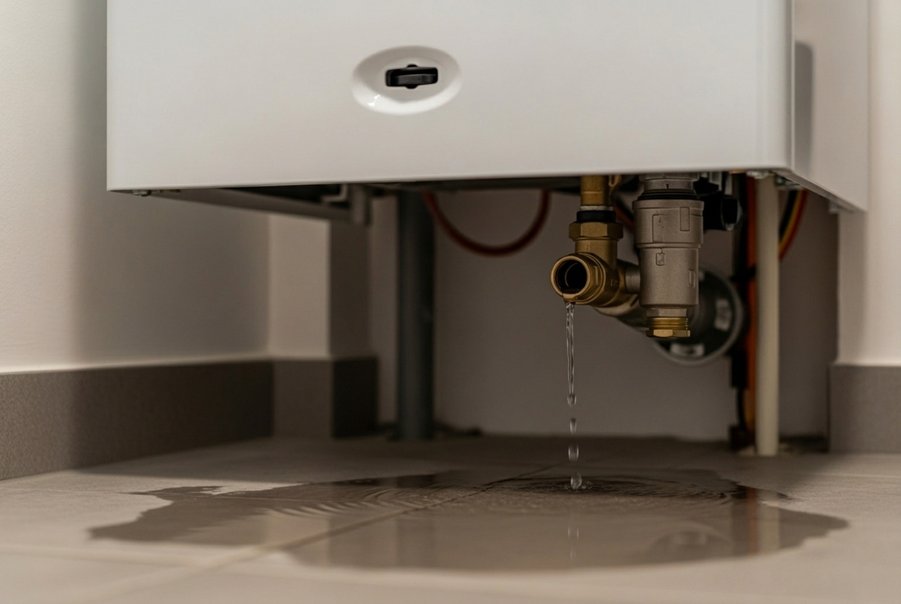 Infographic showing common boiler warning signs: no heat production, water leaks around the unit, unusual banging or whistling noises, frequent pressure drops requiring water refills, pilot light that won't stay lit, and uneven heating throughout the home - boiler repair in rochester, il