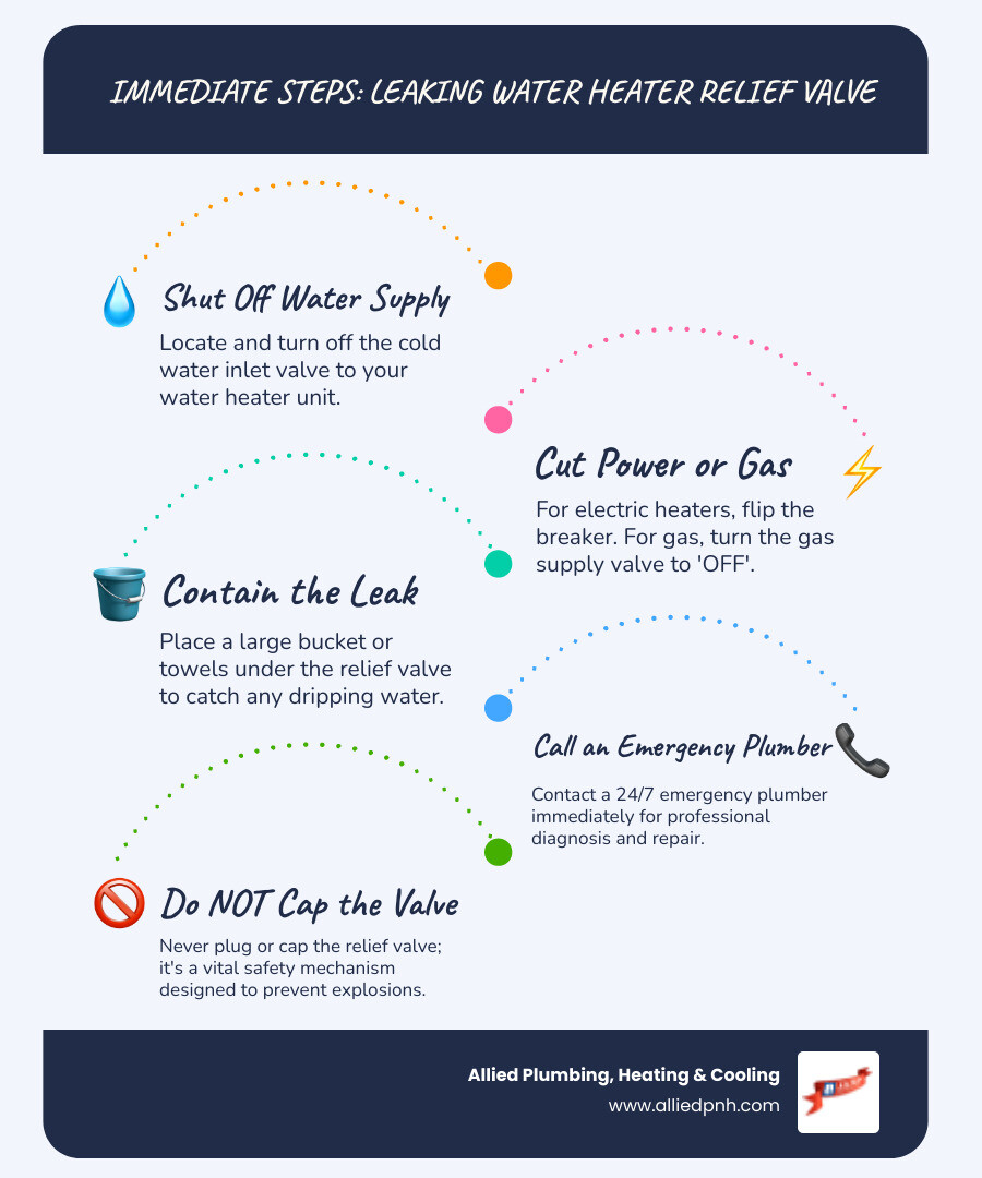 Infographic showing immediate steps when water heater relief valve leaks: 1. Turn off water supply to heater, 2. Shut off power or gas to unit, 3. Place bucket under leak, 4. Call 24/7 emergency plumber immediately, 5. Do not attempt to cap or plug the valve - "My water heater relief valve is leaking. Who are some 24/7 emergency plumbers in Springfield?" infographic infographic-line-5-steps-blues-accent_colors