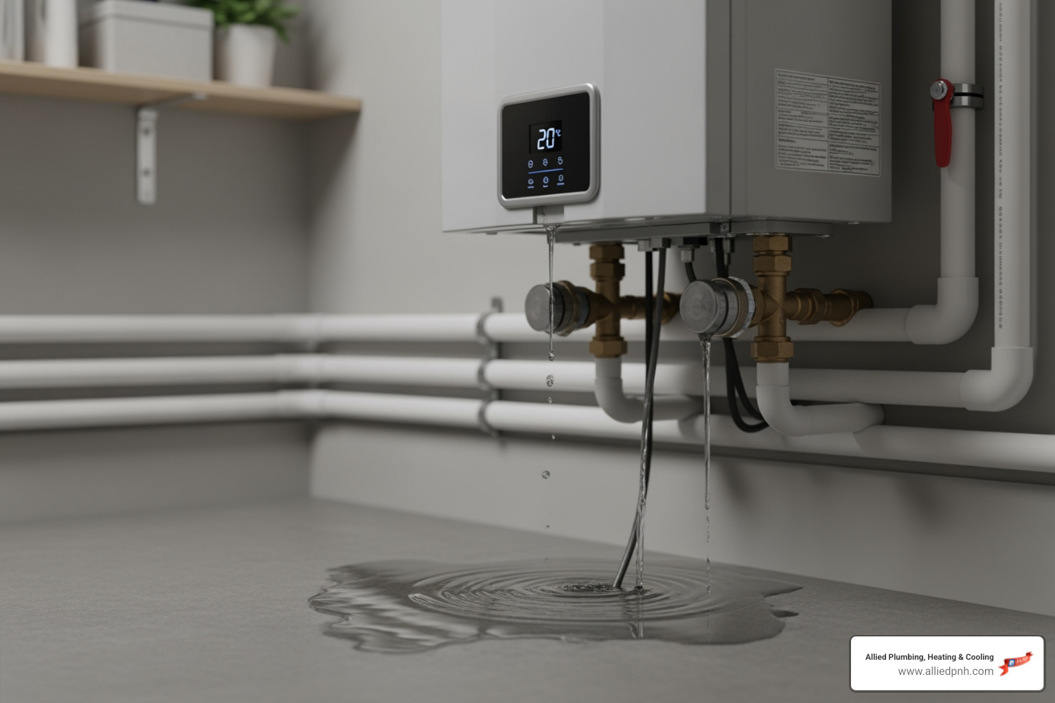 Infographic showing the top 5 signs of a tankless water heater emergency: complete loss of hot water with error codes, extreme temperature fluctuations during use, loud banging or grinding noises from the unit, visible water leaks or pooling beneath the heater, and strong gas or burning smells near the system - tankless water heater repair emergency in springfield, il