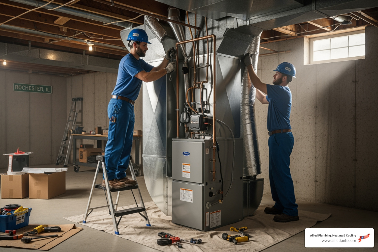 infographic showing the step-by-step process of finding and hiring a local furnace installer in Rochester IL, including credential verification, reading reviews, getting estimates, and scheduling installation, with icons for safety, efficiency, and professional service - furnace installation near me in rochester, il