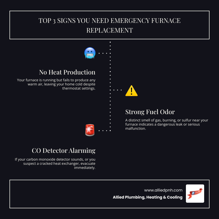 Infographic showing 3 critical signs you need emergency furnace replacement: 1) No heat production despite thermostat settings, 2) Strong gas or fuel odor near furnace, 3) Cracked heat exchanger or carbon monoxide detector alarming - furnace installation emergency in rochester, il infographic infographic-line-3-steps-dark