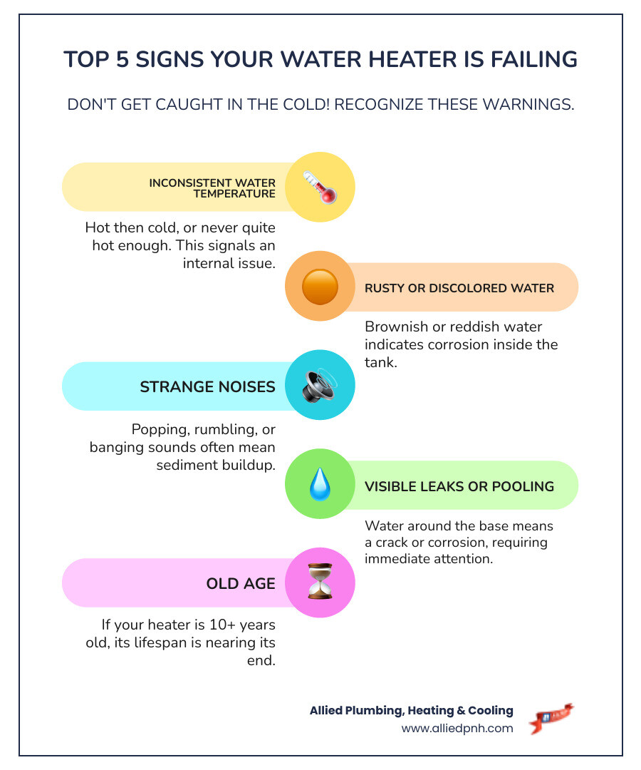 Infographic showing the top 5 signs your water heater is about to fail: inconsistent water temperature, rusty or discolored water, unusual popping or rumbling noises, visible water pooling around the base, and a water heater age of 10 years or older - water heater installation 24 hour in springfield, il infographic infographic-line-5-steps-colors