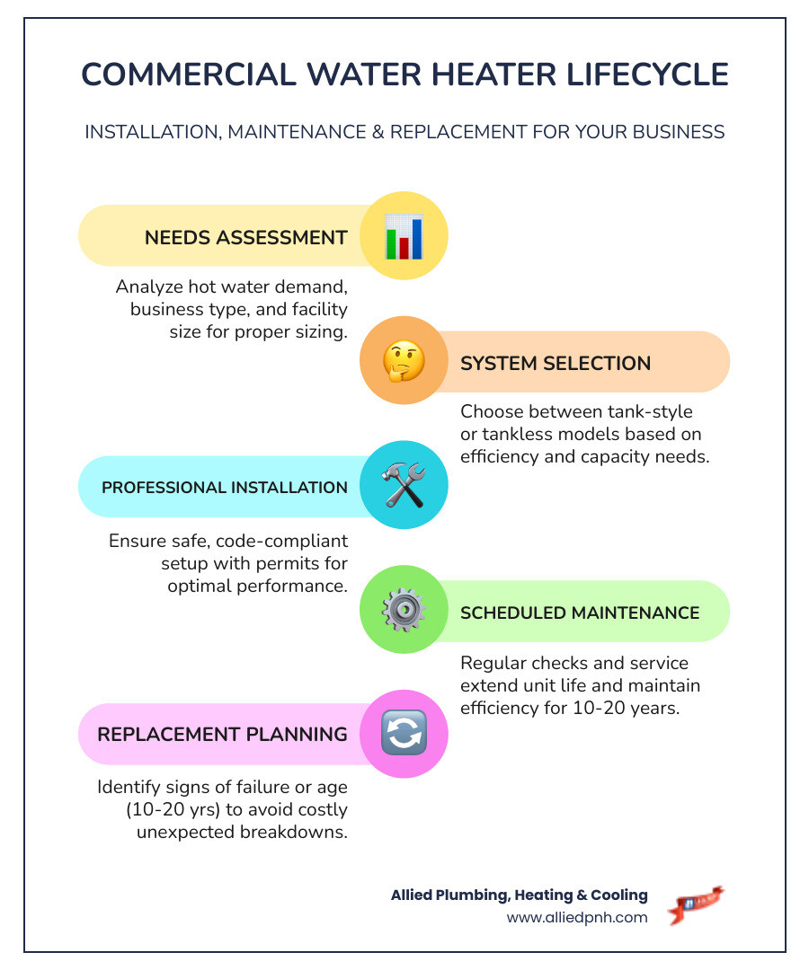 Infographic showing the lifecycle of commercial water heater installation: assessment and sizing based on business needs, selection of tank-style or tankless system, professional installation with permit compliance, regular maintenance schedule, and replacement indicators after 10-20 years - water heater installation commercial in springfield, il infographic infographic-line-5-steps-colors