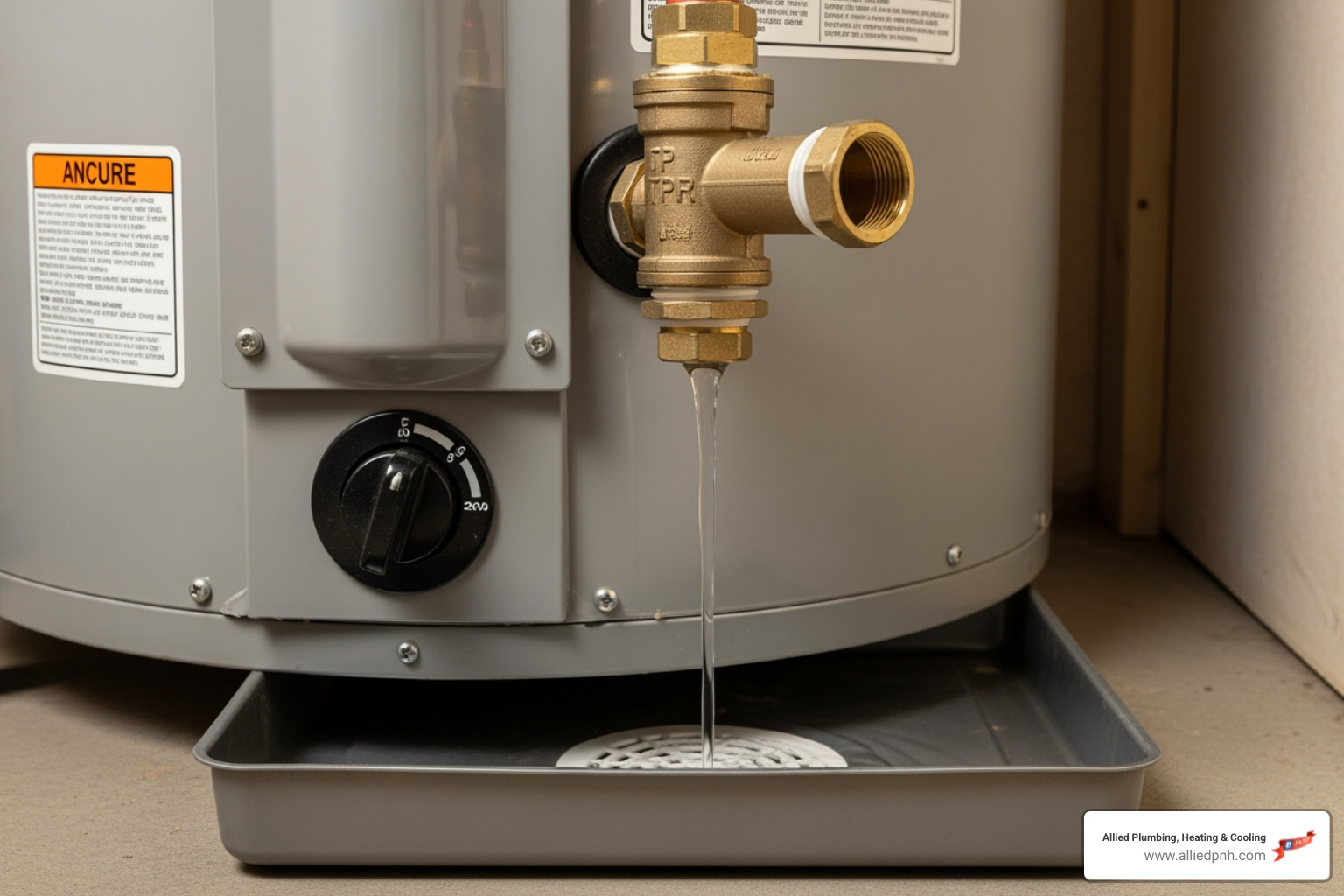 Infographic showing how a T&P valve works: diagram of a water heater tank with arrows indicating rising temperature and pressure, the T&P valve at the top opening when thresholds are exceeded (150 psi or 210°F), and water safely discharging through the relief pipe to prevent tank rupture or explosion - gas hot water heater leaking from pressure relief valve