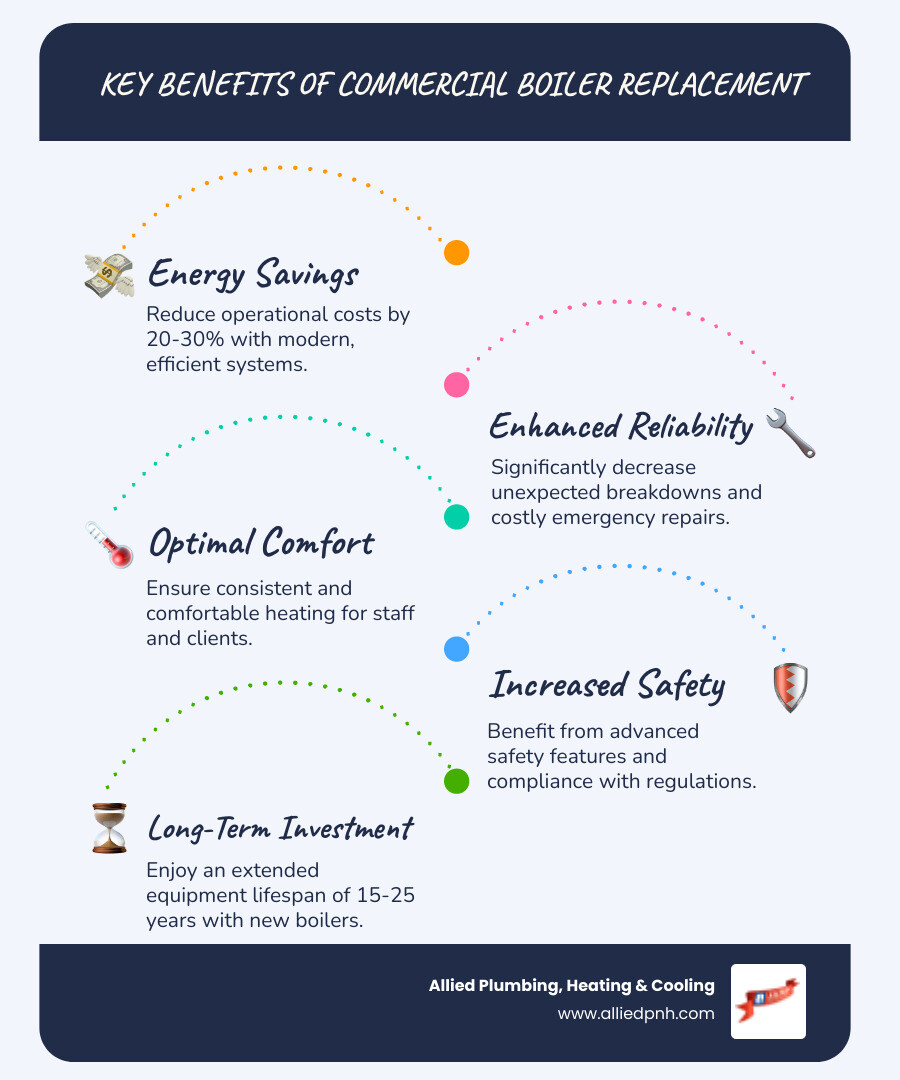 Infographic showing key benefits of commercial boiler replacement: reduced energy costs by 20-30%, fewer emergency repairs, improved employee and customer comfort, enhanced safety features, and extended equipment lifespan of 15-25 years - boiler replacement commercial in rochester, il infographic infographic-line-5-steps-blues-accent_colors