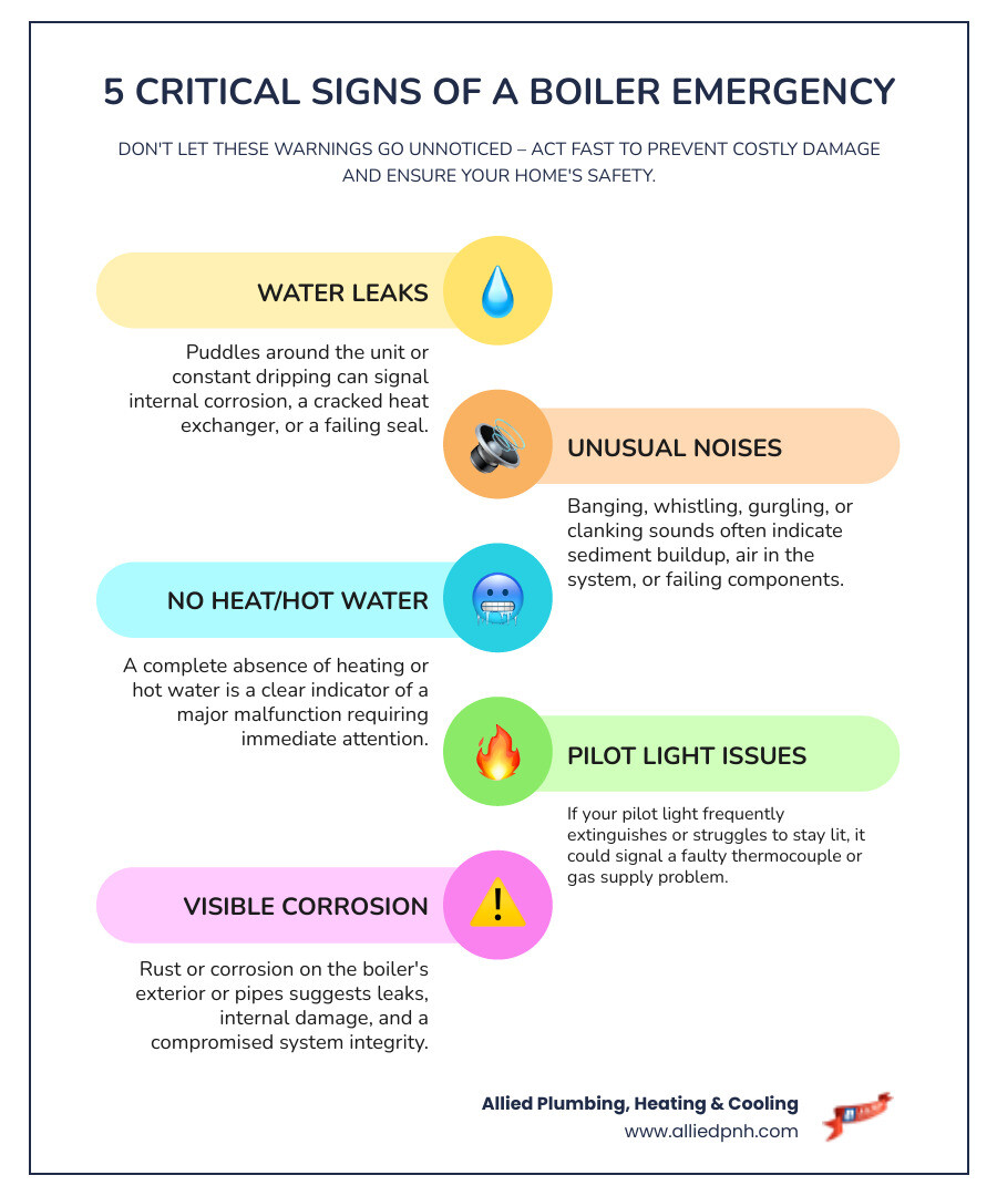 Infographic showing 5 critical signs of a boiler emergency: water pooling around the unit, strange banging or whistling noises, complete loss of heat or hot water, pilot light repeatedly going out, and visible corrosion or rust on the boiler body - boiler replacement emergency in rochester, il infographic infographic-line-5-steps-colors