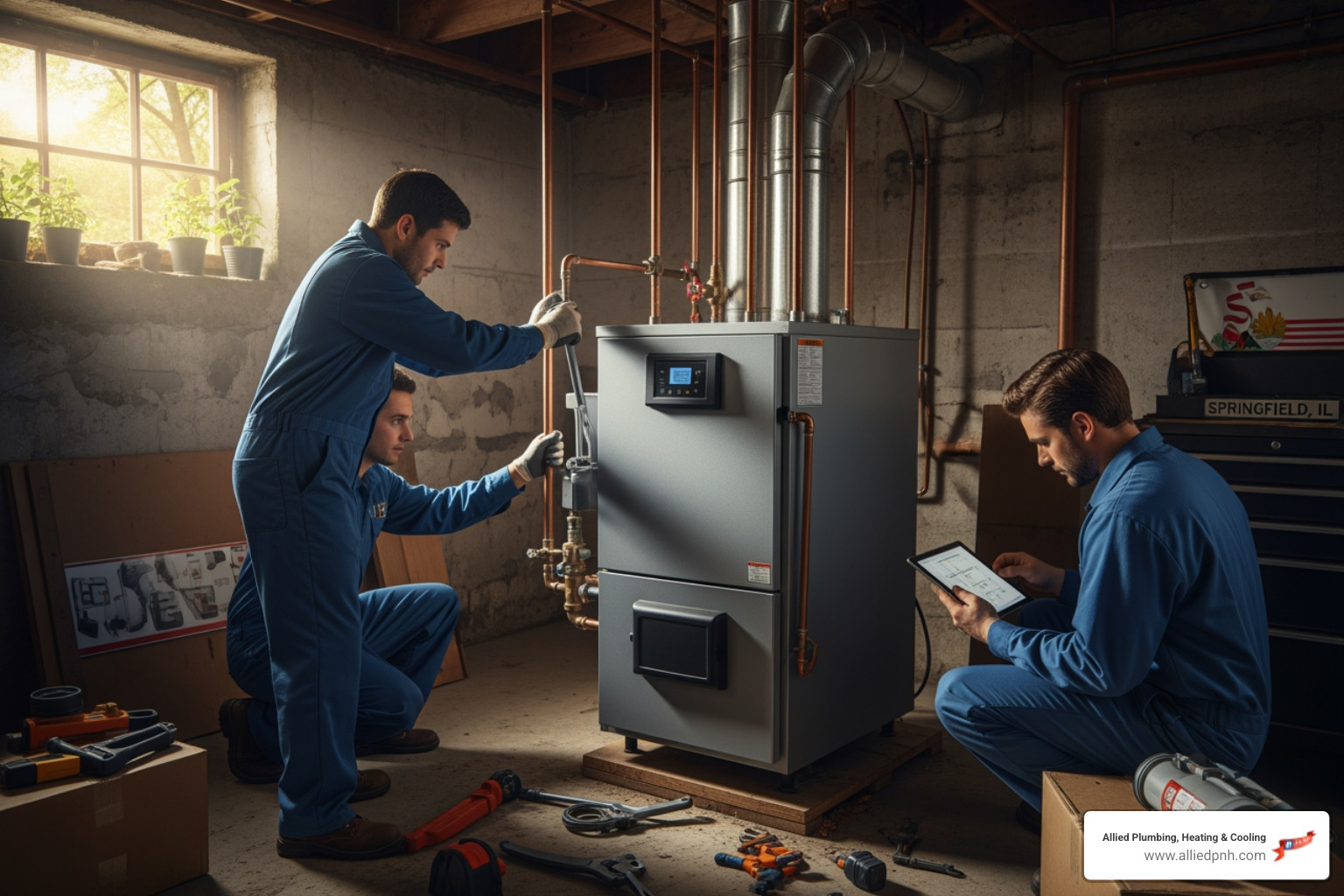 modern high efficiency boiler in clean basement - boiler installation in springfield, il