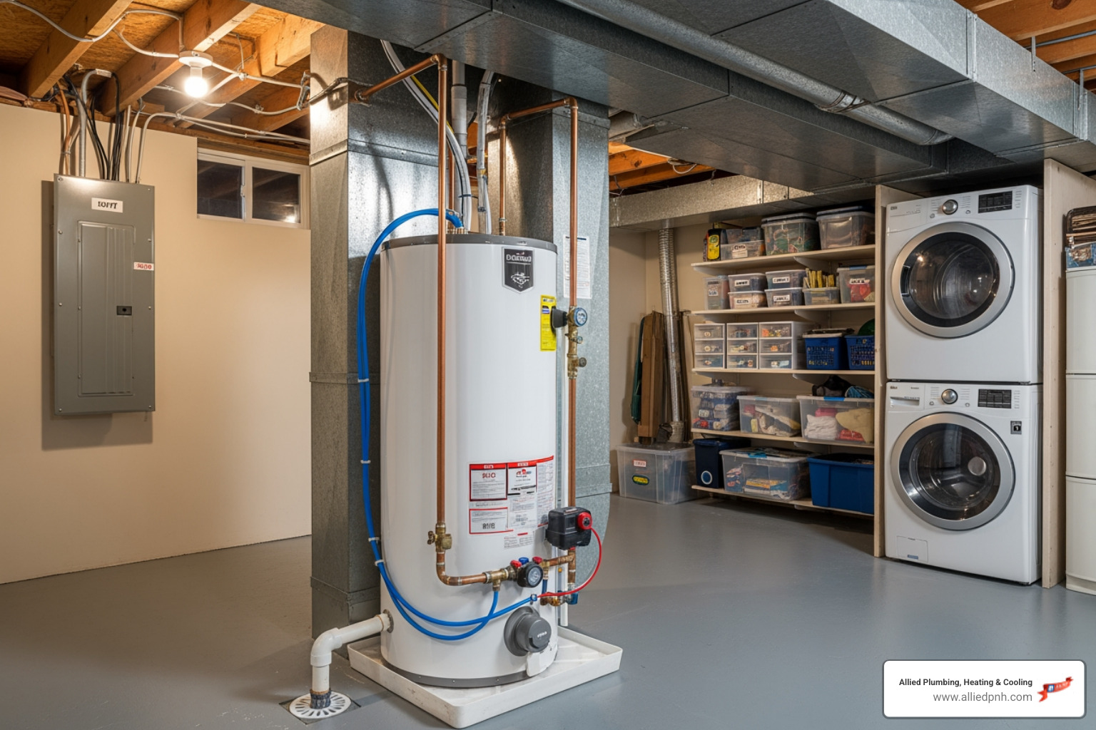 clean, modern water heater installation in a residential basement - water heater replacement company in athens, il clean, modern water heater installation in a residential basement - water heater replacement company in athens, il