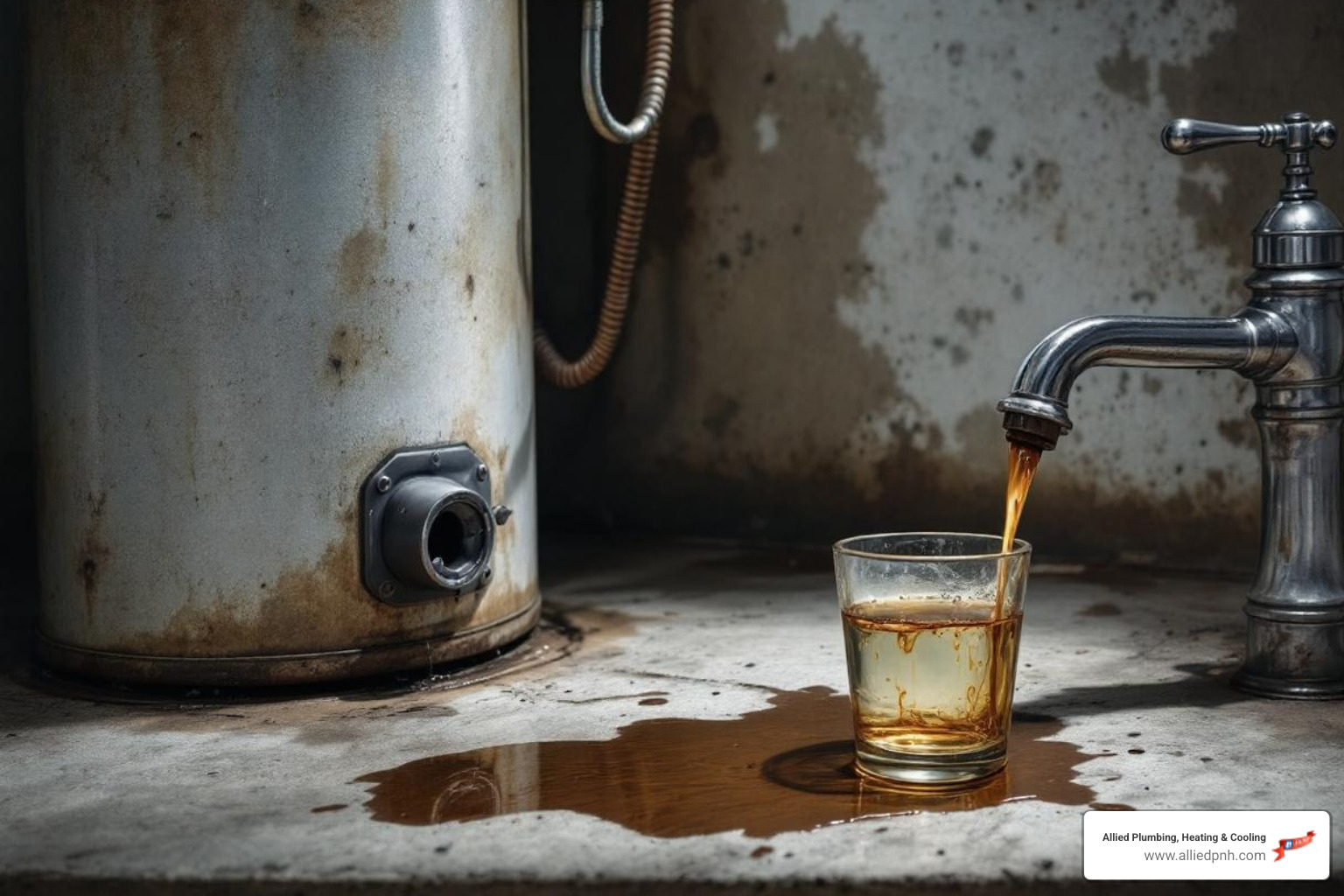 Infographic showing 5 key warning signs your water heater is failing: a calendar showing 10-15 year age marker, puddles of water indicating leaks, rusty brown water in a glass, a sound wave icon representing rumbling or popping noises, and a thermometer showing inconsistent or insufficient hot water temperature - water heater replacement company in athens, il Infographic showing 5 key warning signs your water heater is failing: a calendar showing 10-15 year age marker, puddles of water indicating leaks, rusty brown water in a glass, a sound wave icon representing rumbling or popping noises, and a thermometer showing inconsistent or insufficient hot water temperature - water heater replacement company in athens, il