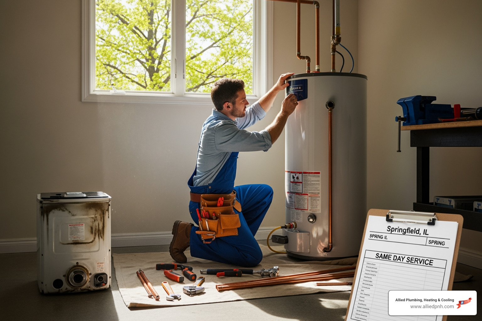A modern, clean water heater installation in a residential basement, neatly plumbed and ready for use - water heater installation same day in springfield, il A modern, clean water heater installation in a residential basement, neatly plumbed and ready for use - water heater installation same day in springfield, il