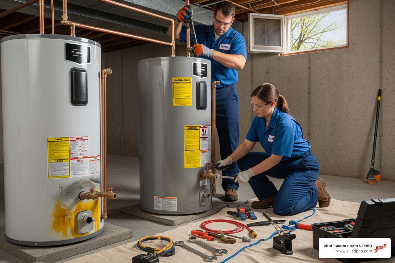 Infographic showing the top 5 signs your water heater is failing: pooling water or leaks around the base, rust-colored or discolored water from faucets, loud banging or popping noises from the tank, inconsistent water temperature or running out of hot water quickly, and a water heater older than 10-15 years with rising utility bills - water heater installation same day in springfield, il Infographic showing the top 5 signs your water heater is failing: pooling water or leaks around the base, rust-colored or discolored water from faucets, loud banging or popping noises from the tank, inconsistent water temperature or running out of hot water quickly, and a water heater older than 10-15 years with rising utility bills - water heater installation same day in springfield, il