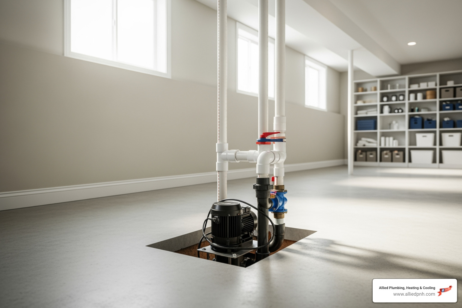 sump pump installation in a clean dry basement - sump pumps near me in bradfordton, il