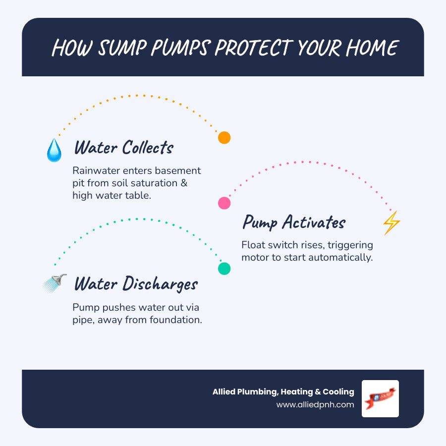 Infographic showing the sump pump water collection and discharge cycle for a home basement - sump pumps near me in