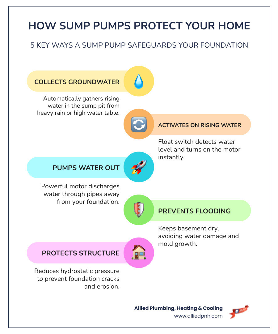 Infographic showing how a sump pump protects a home foundation from groundwater and flooding - sump pumps affordable in