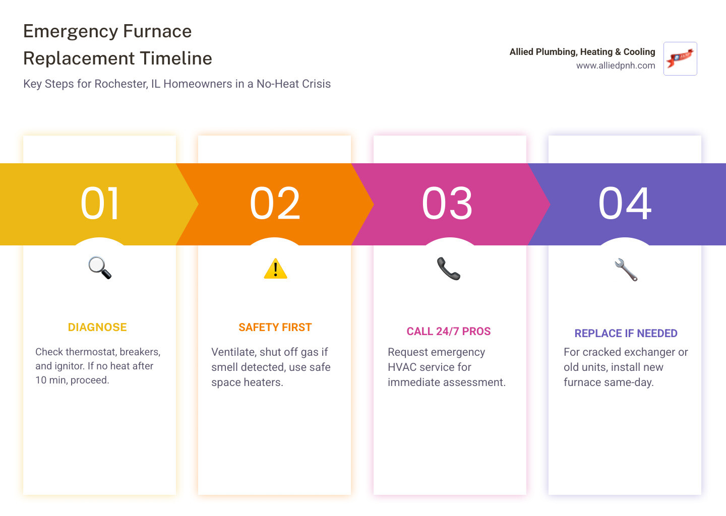 Emergency furnace replacement timeline and steps for Rochester IL homeowners infographic - heating replacement emergency in